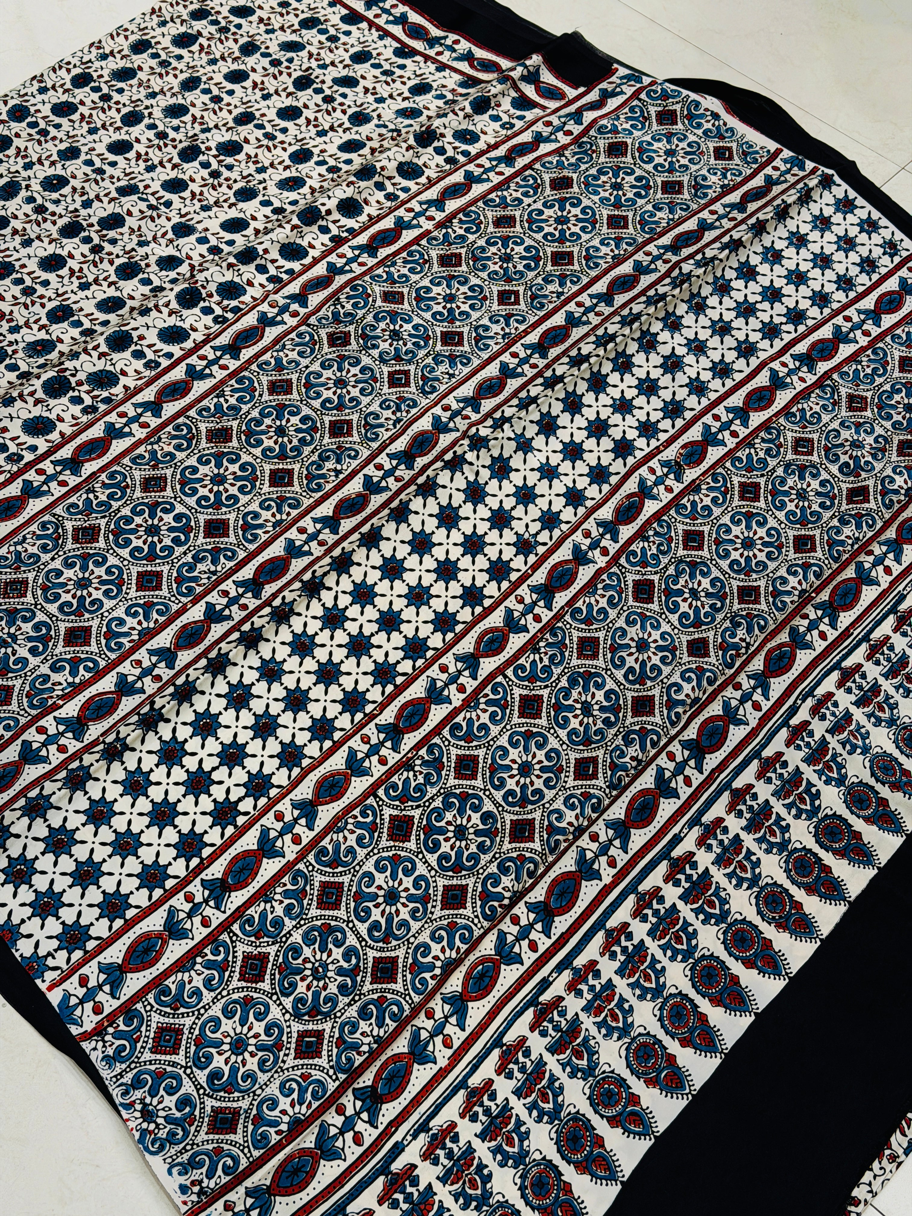 White Floral Jaal Ajrakh Hand Block Print Pure Modal Silk Saree