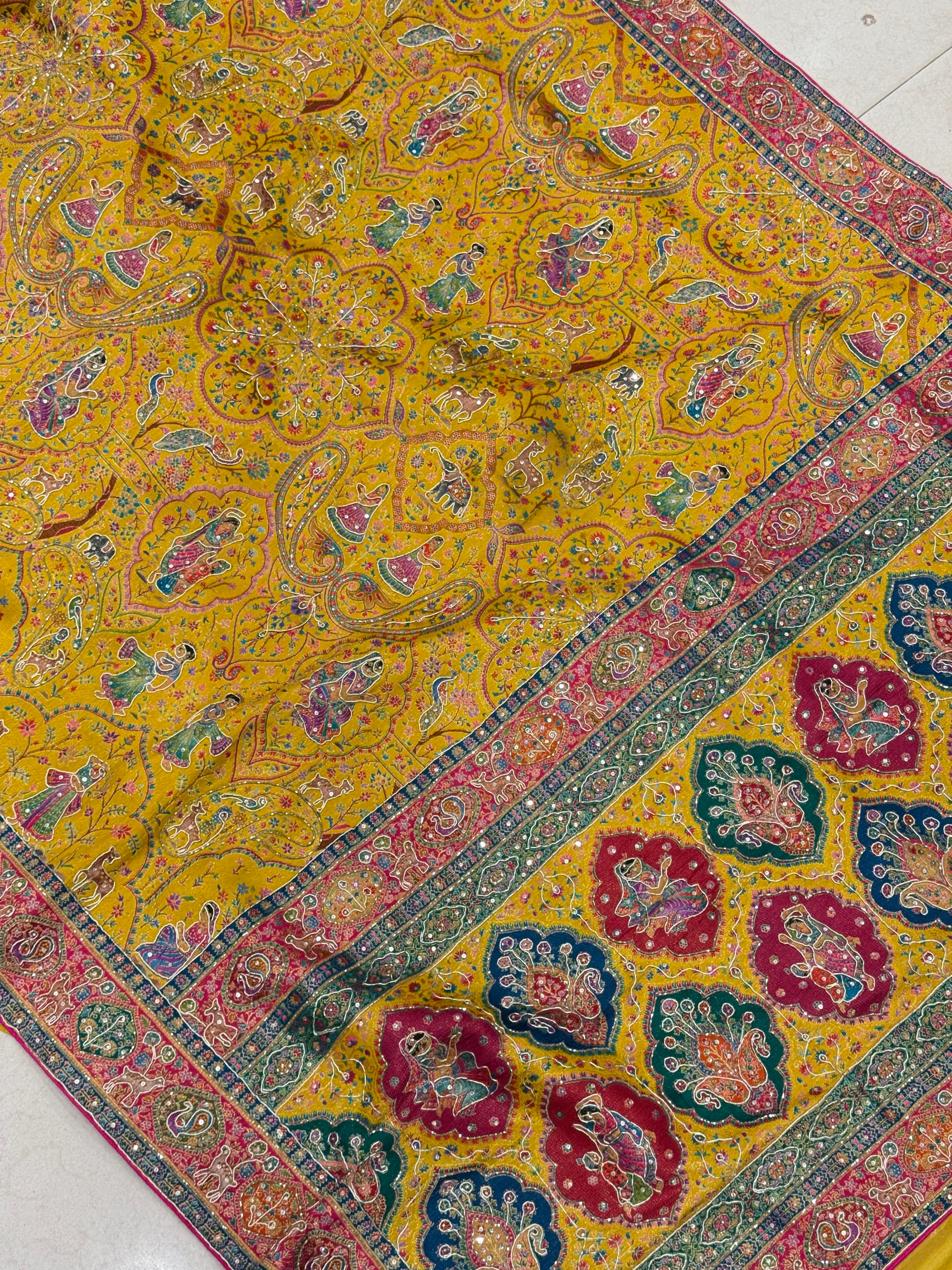 Yellow Pashmina Baluchari Style Hand Embroidery Saree