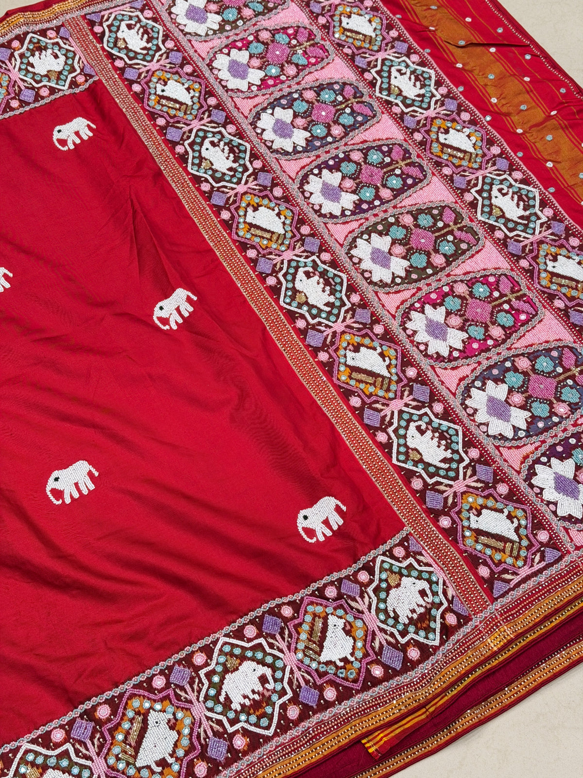 Red Pure Silk Patan Patola Hand Embroidery Kidiya Moti Saree