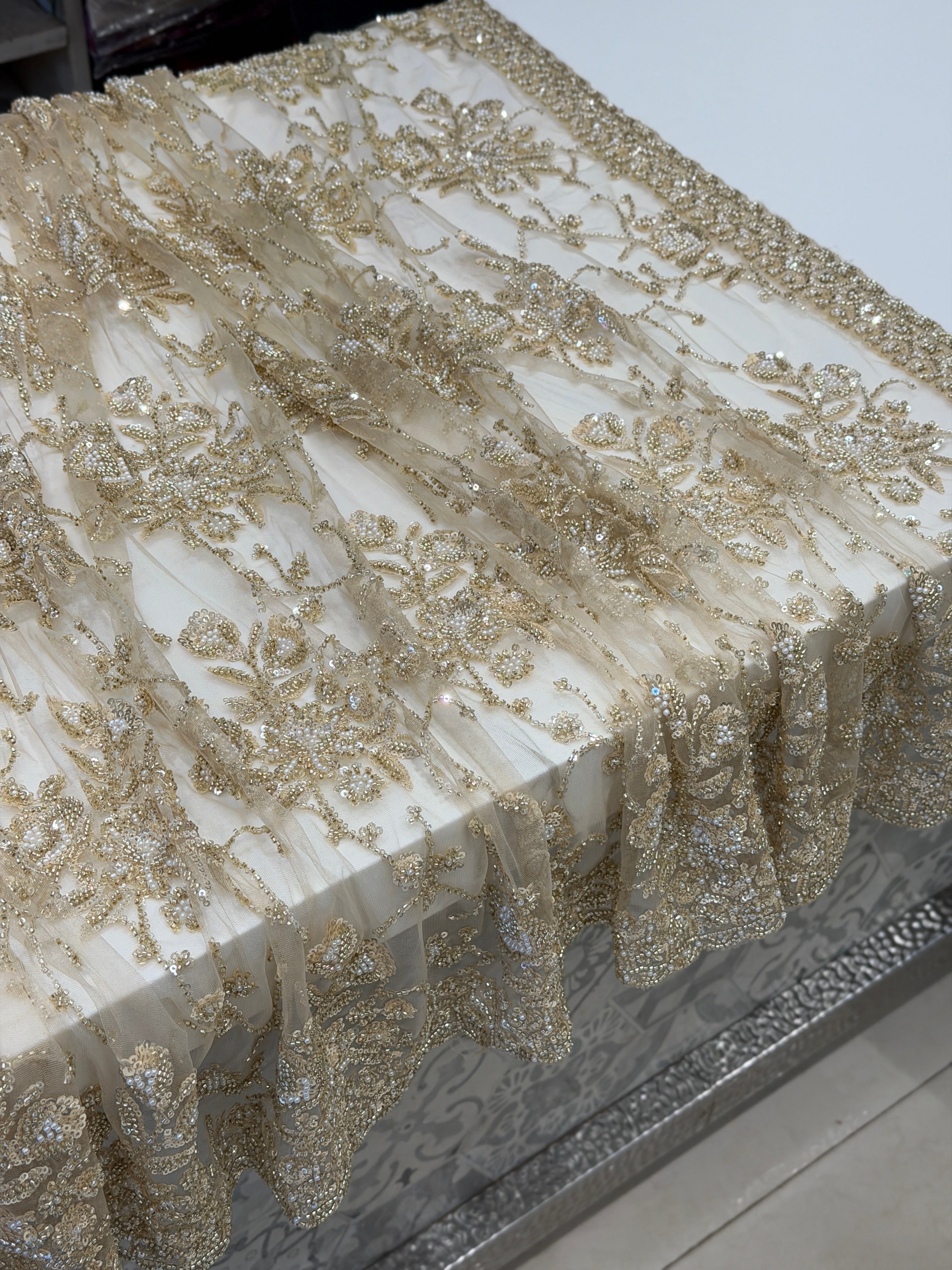 Golden Net Moti Sequin Jaal Heavy Blouse Saree