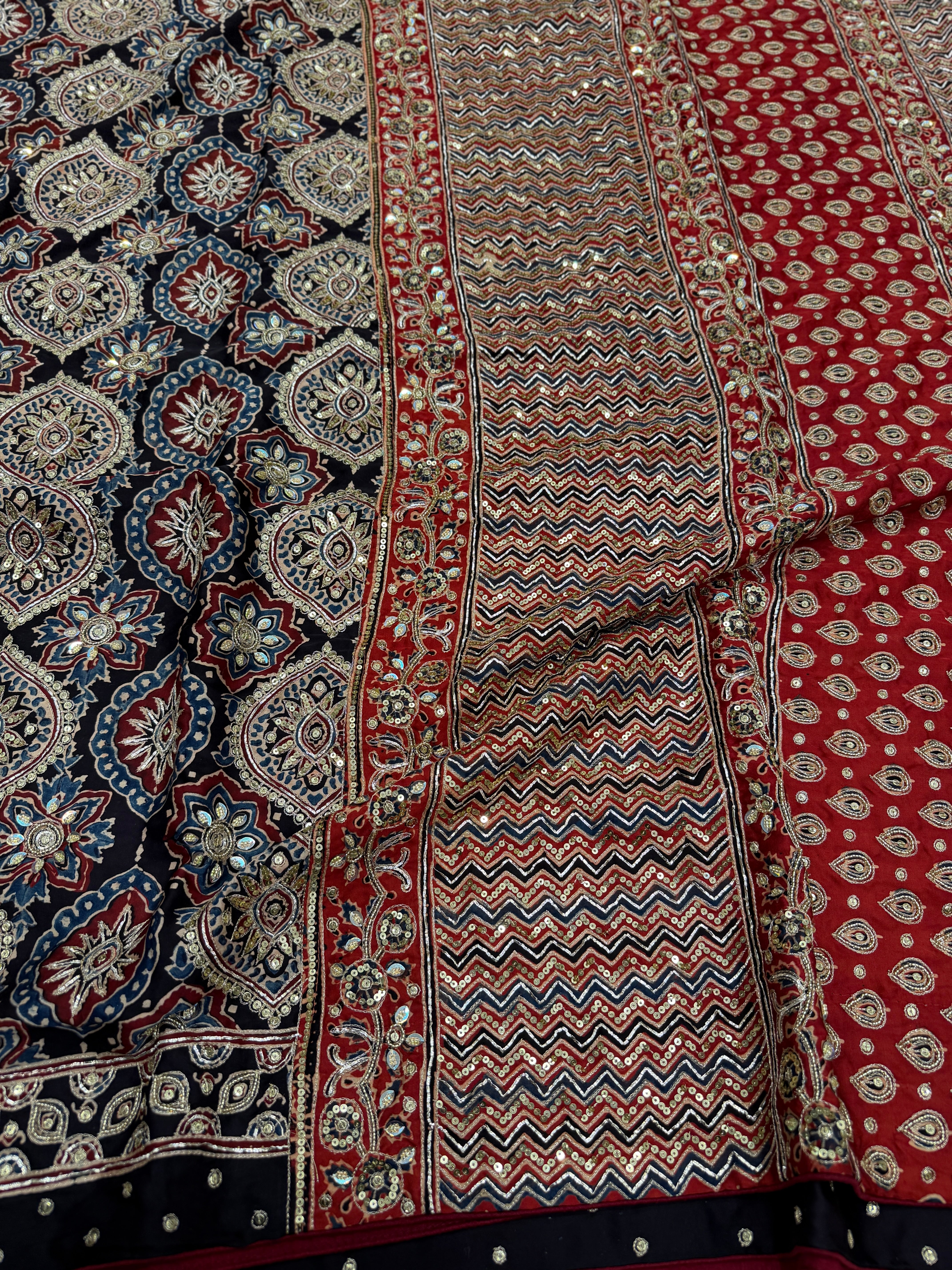 Black Red Badam Butti Zardosi Pita Sequin Ajrakh Hand Embroidery Saree