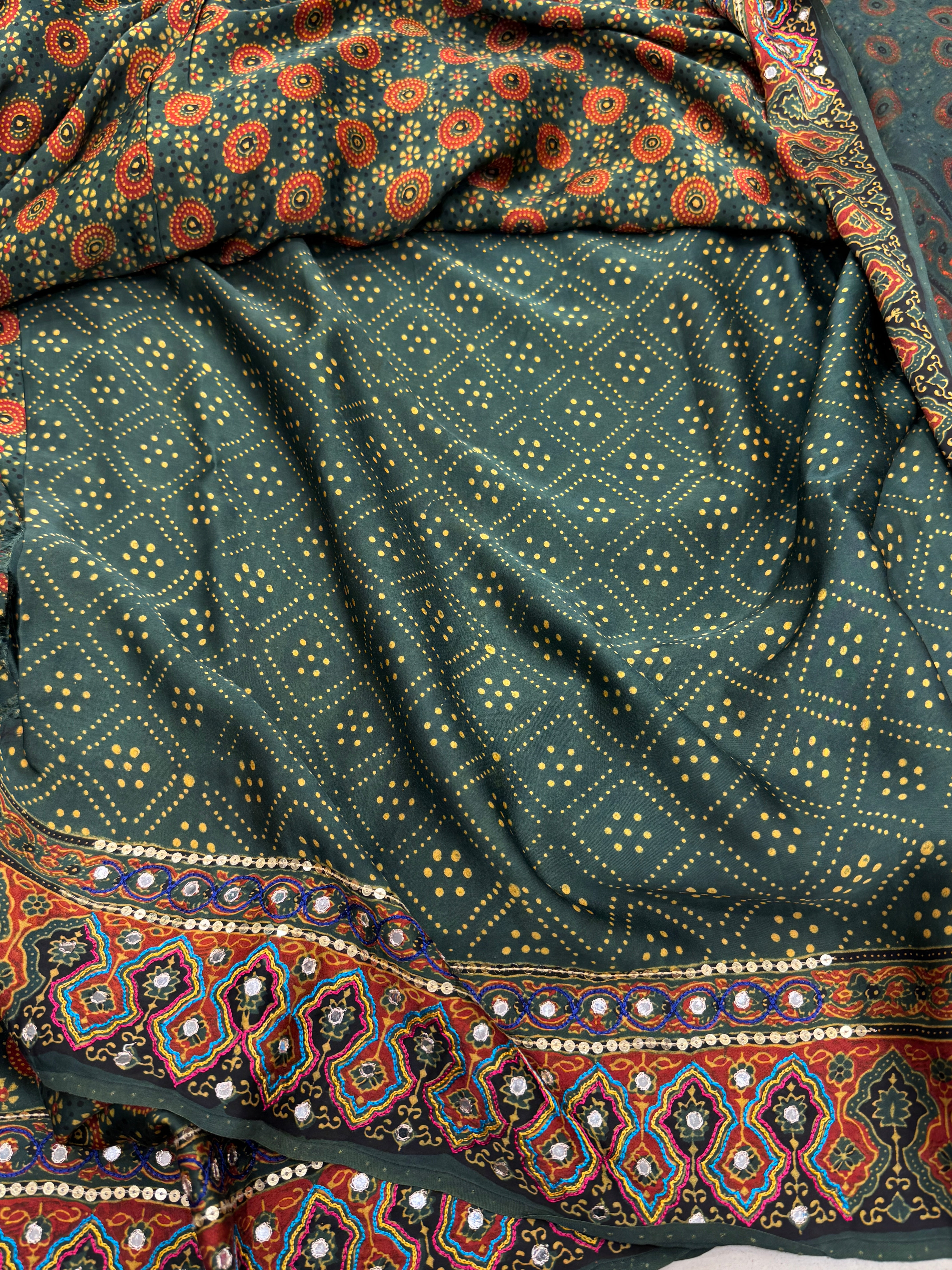 Green Kutchi Hand Embroidery Ajrakh Saree