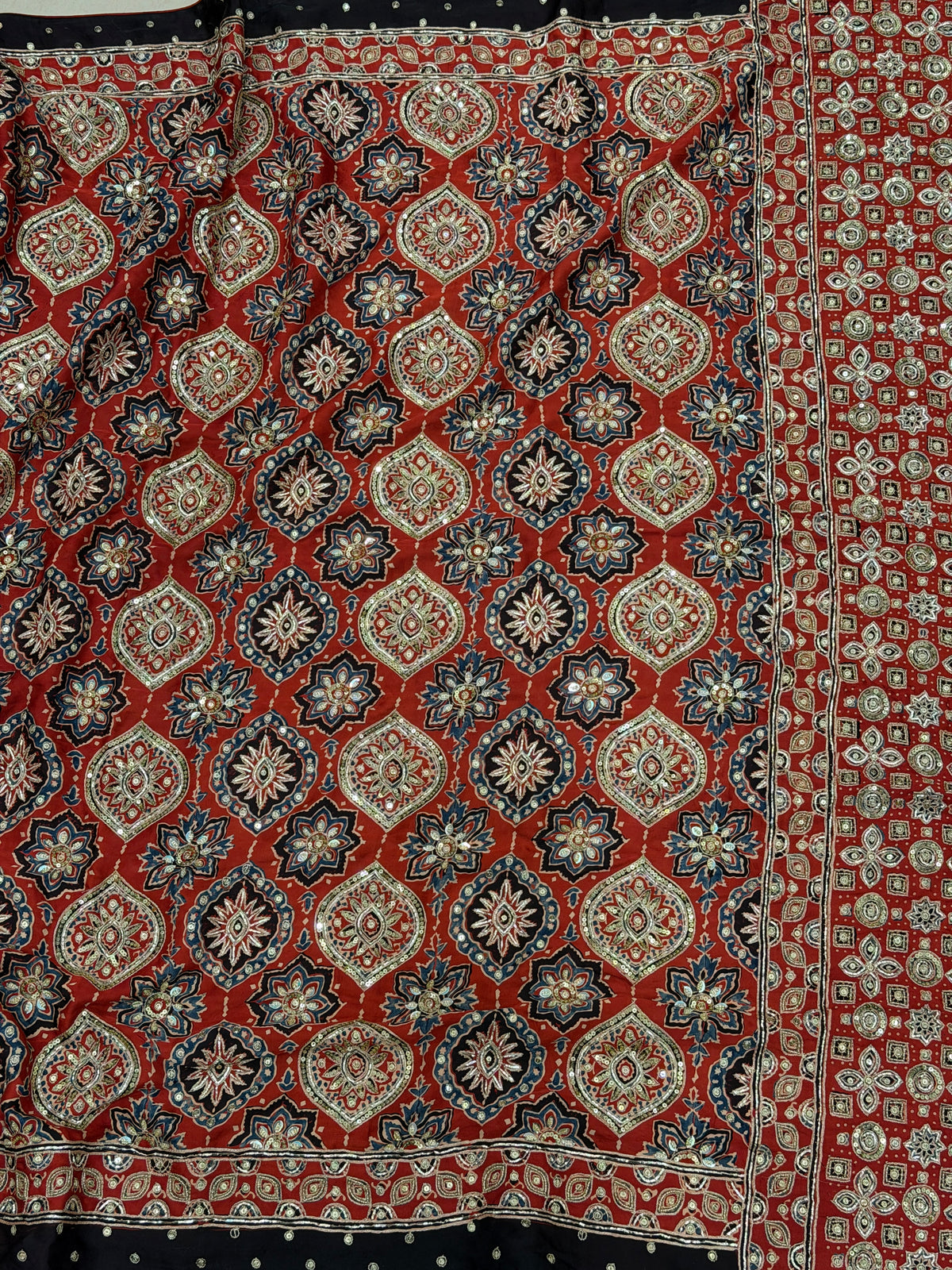Red Blue Half Half Badam Jaal Pita Zardosi Sequin Ajrakh Hand Embroidery Saree