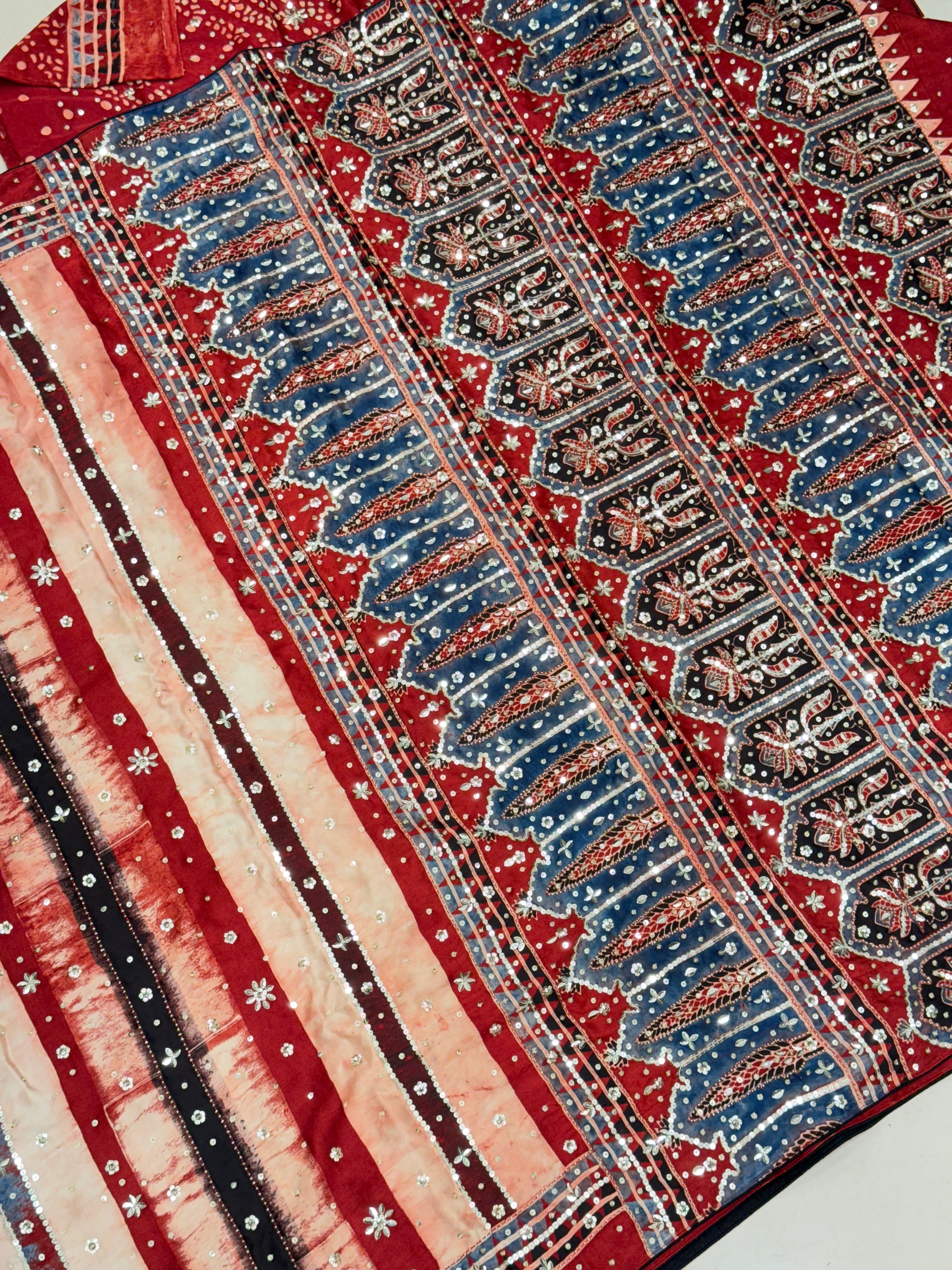 Ajrakh Hand Embroidery Sequin Saree Contemporary