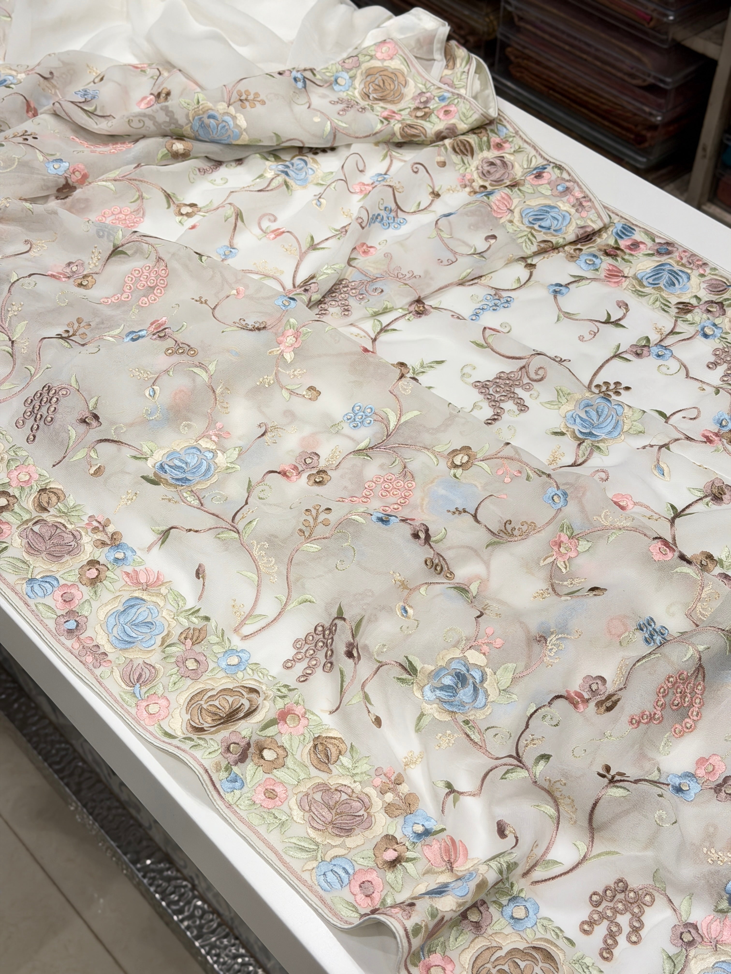 White Georgette Meenakari Floral Jaal Parsi Gara Saree