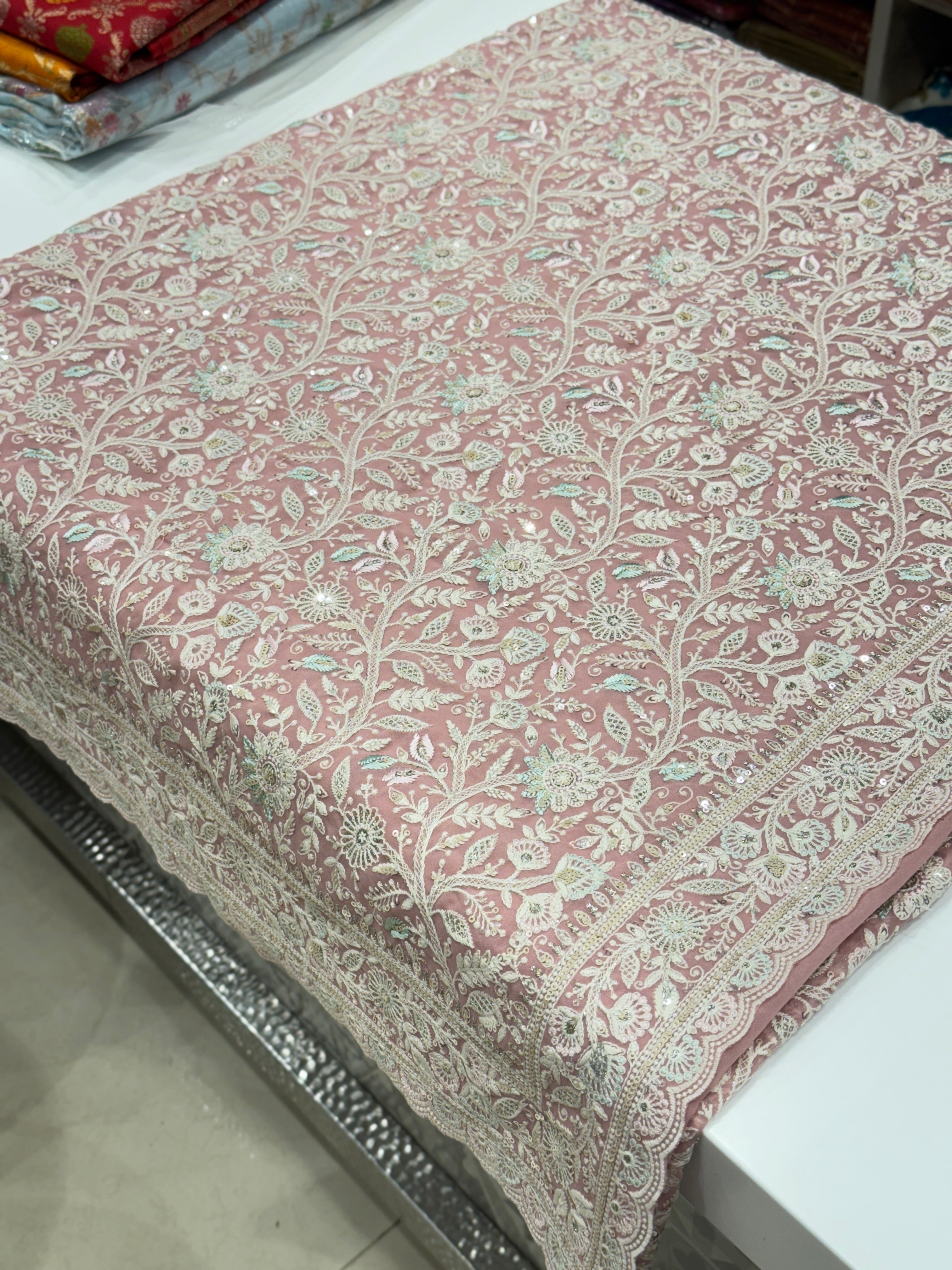 Pink Meenakari Chikankari Scallop Design Saree