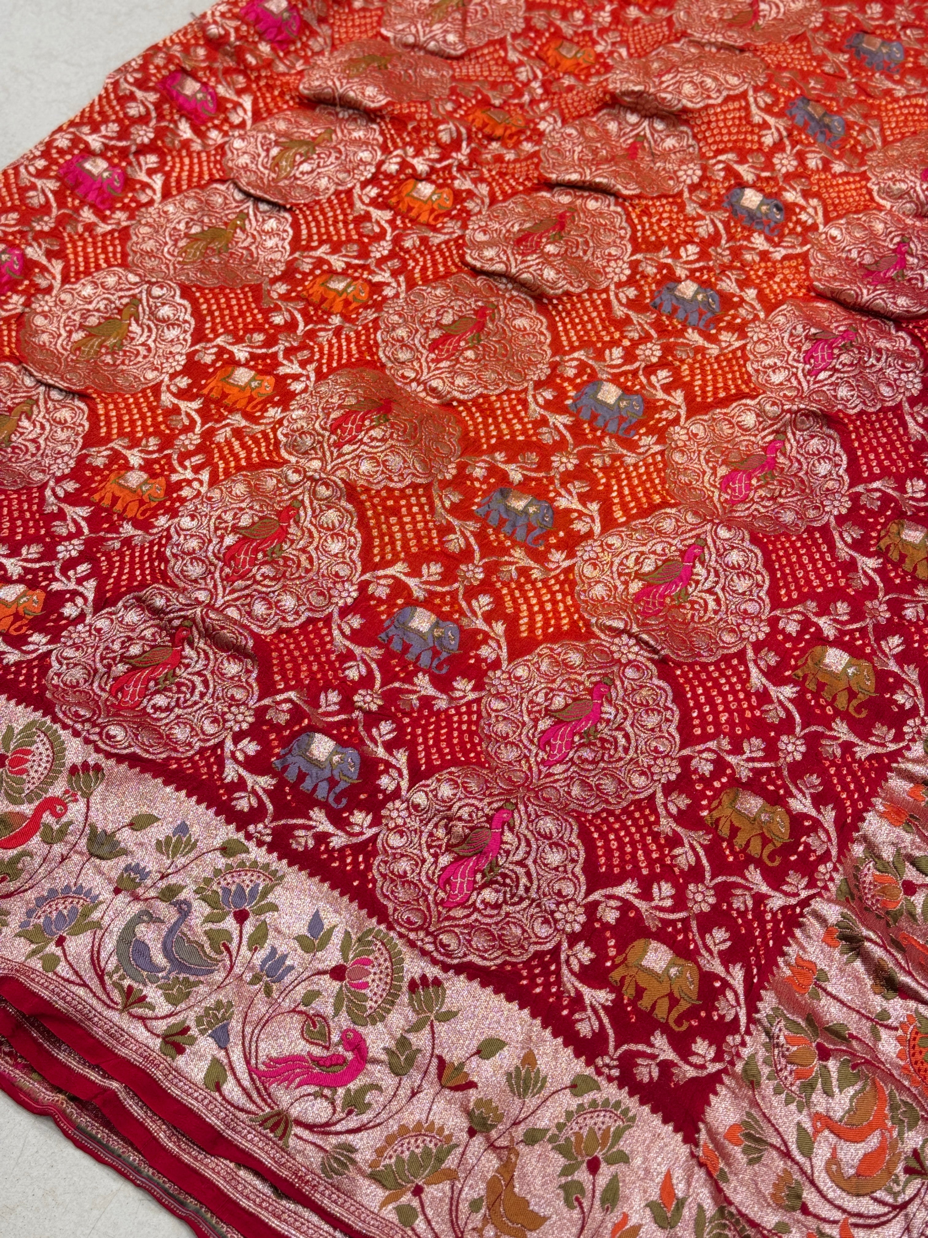 Red Orange Shaded Meenakari Rai Bandhej Shikara Saree