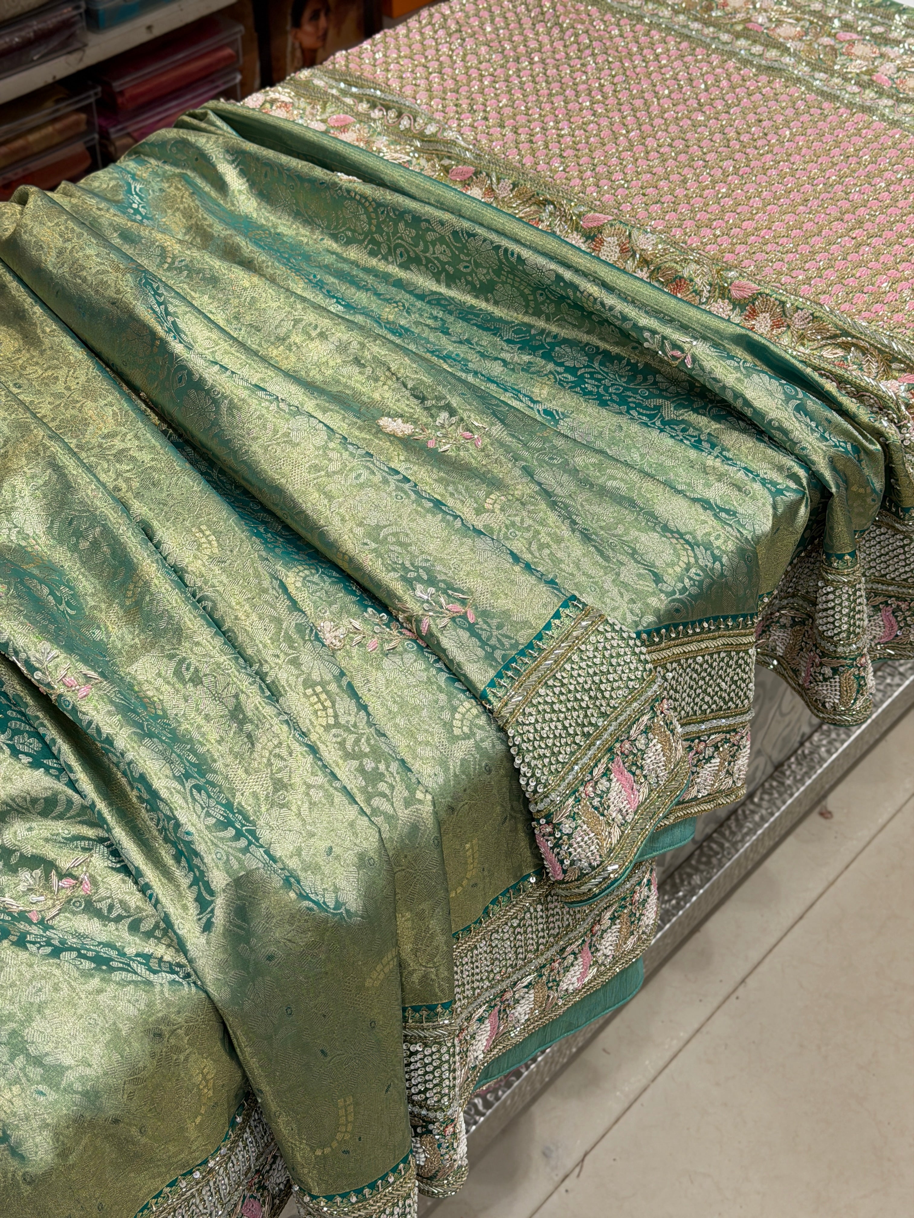 Pista Green Floral Tissue Kanjivaram Hand Embroidery Saree