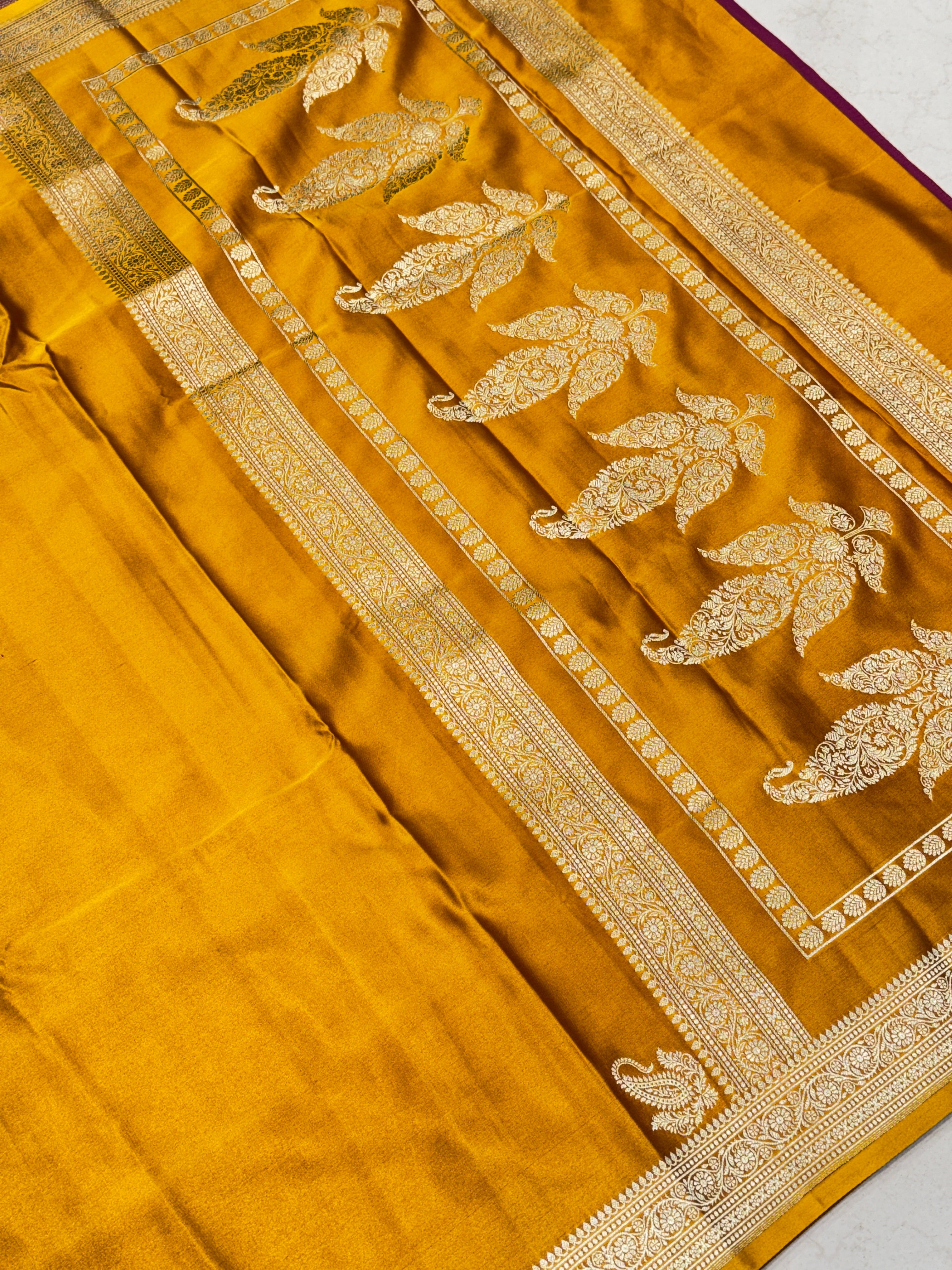 Mustard Yellow Banarasi Silk Plain Small Border Saree