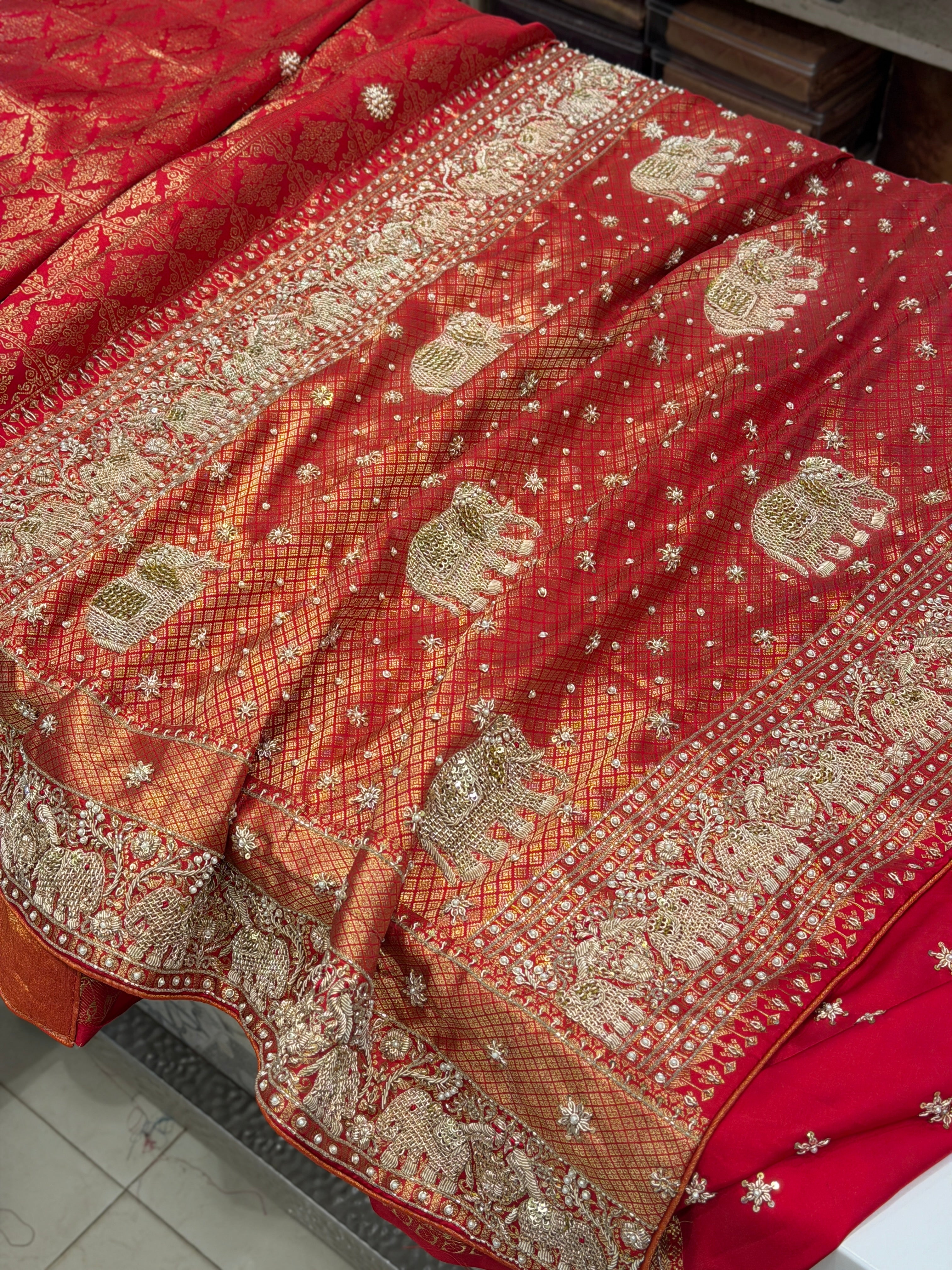 Red Pure Silk Kanjivaram Elephant Motif Hand Embroidery Saree