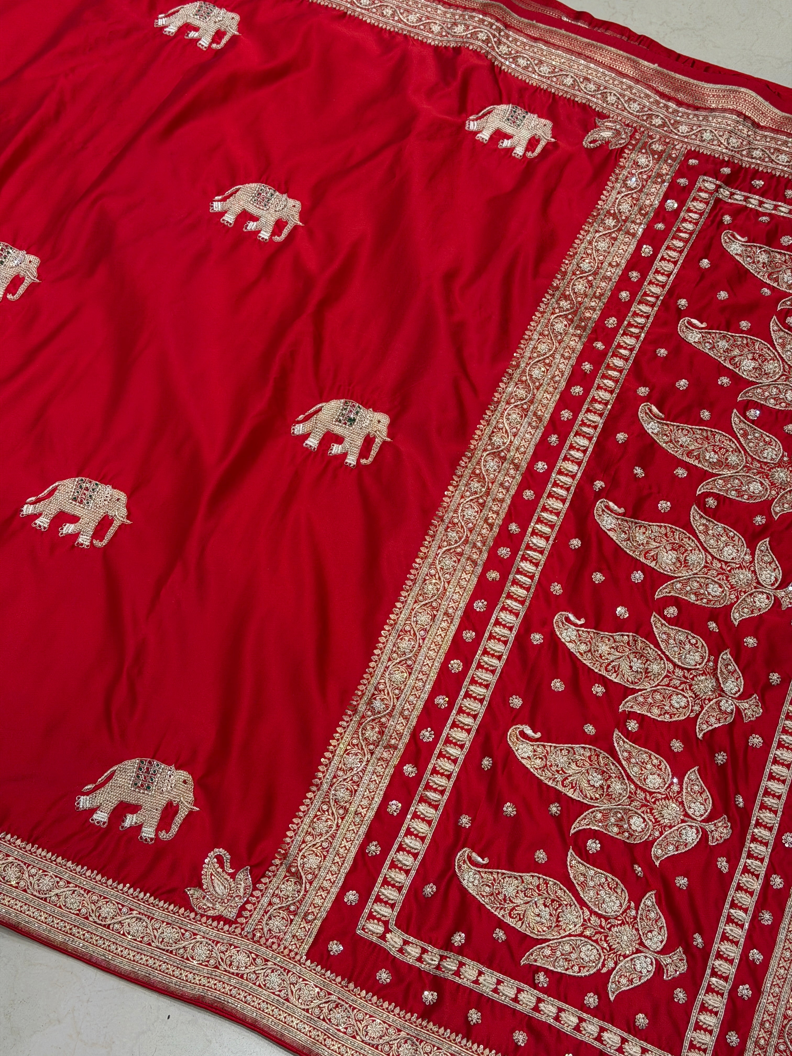 Red Banarasi Gajraj Motif Zardosi Hand Embroidery Saree