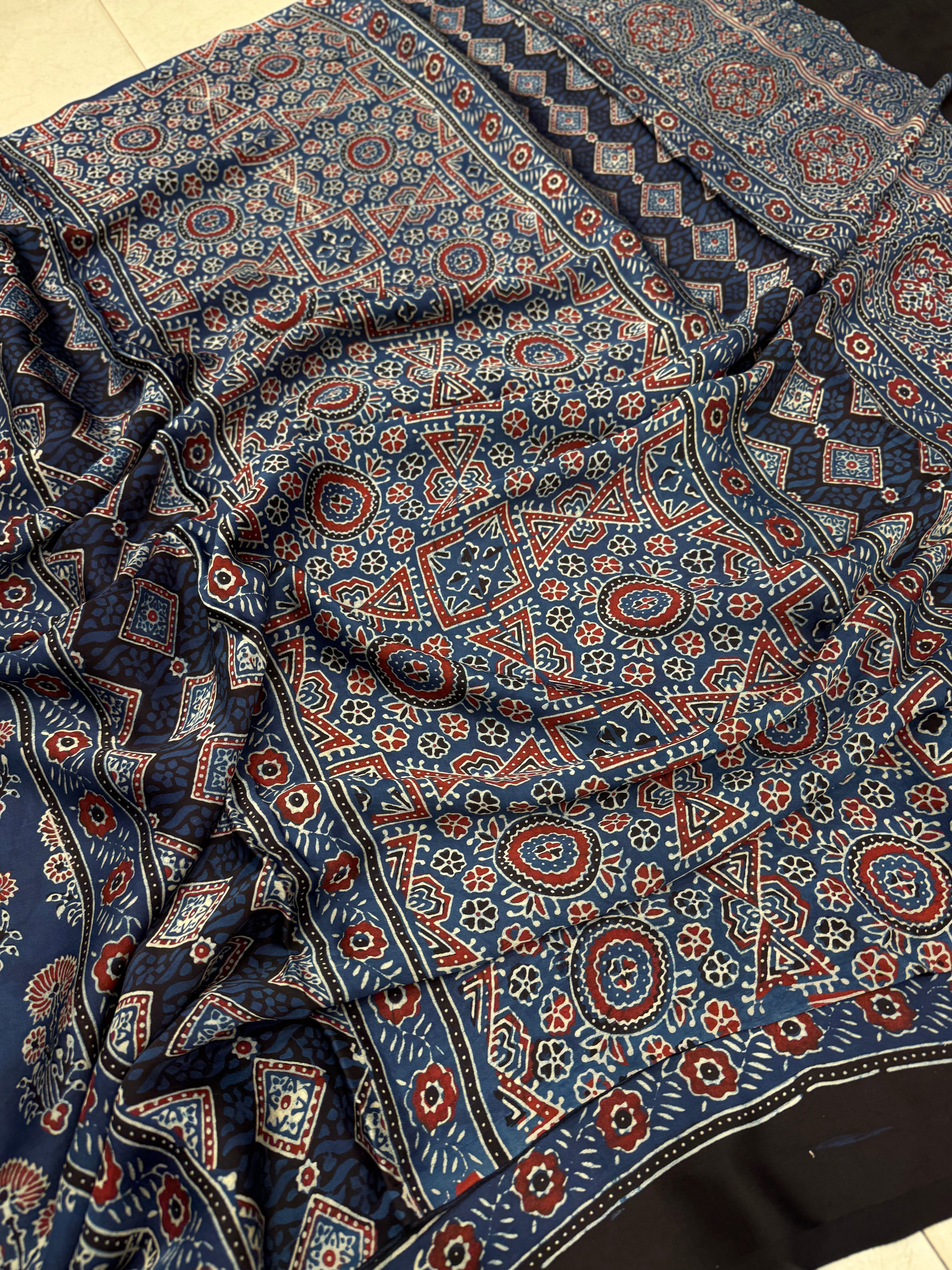 Blue Floral Buttas Floral Pallu Hand Block Print Ajrkah Pure Gajji Silk Saree