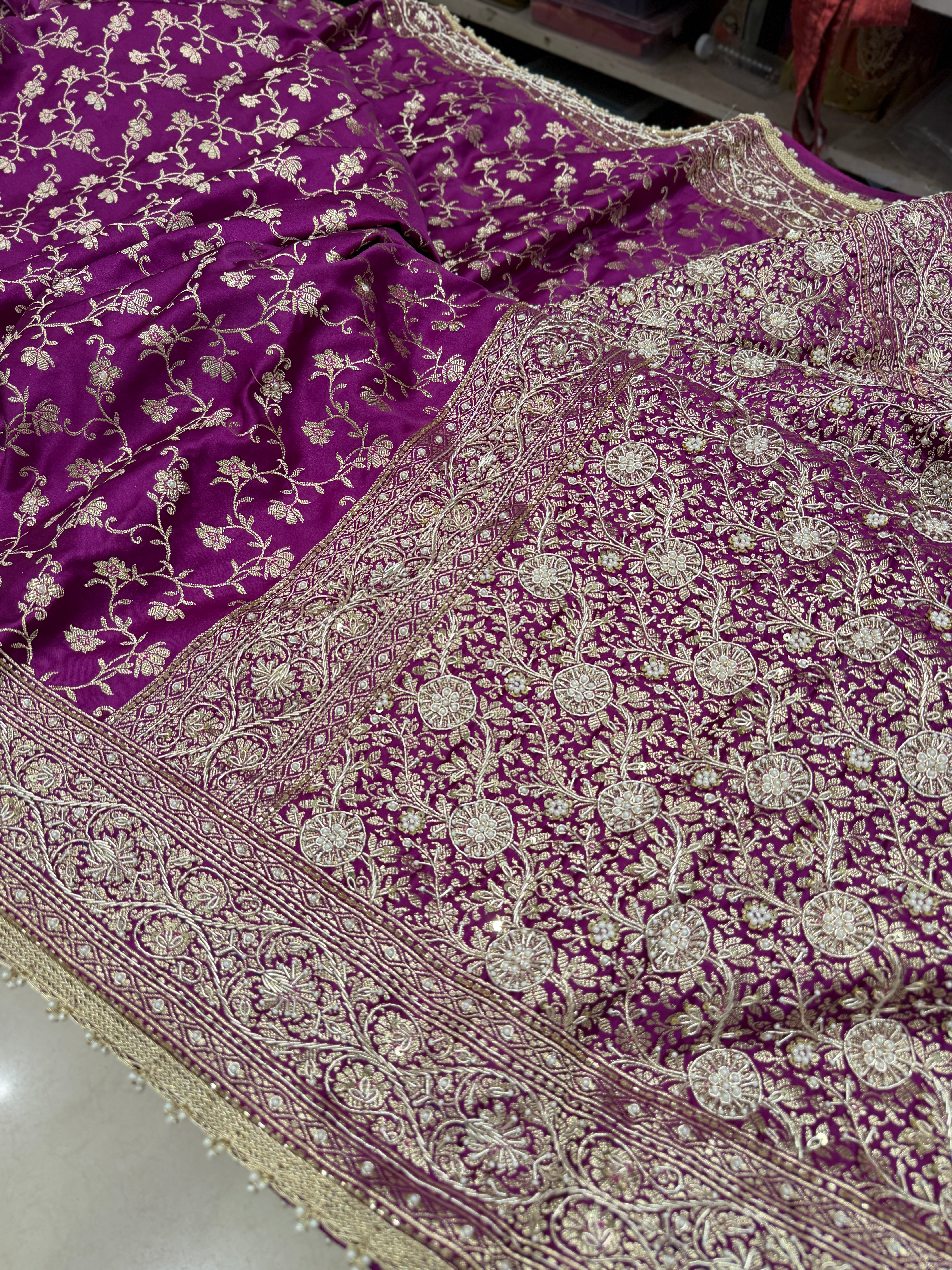 Wine Banarasi Perwinkle Jaal Zardozi Hand Embroidery Saree