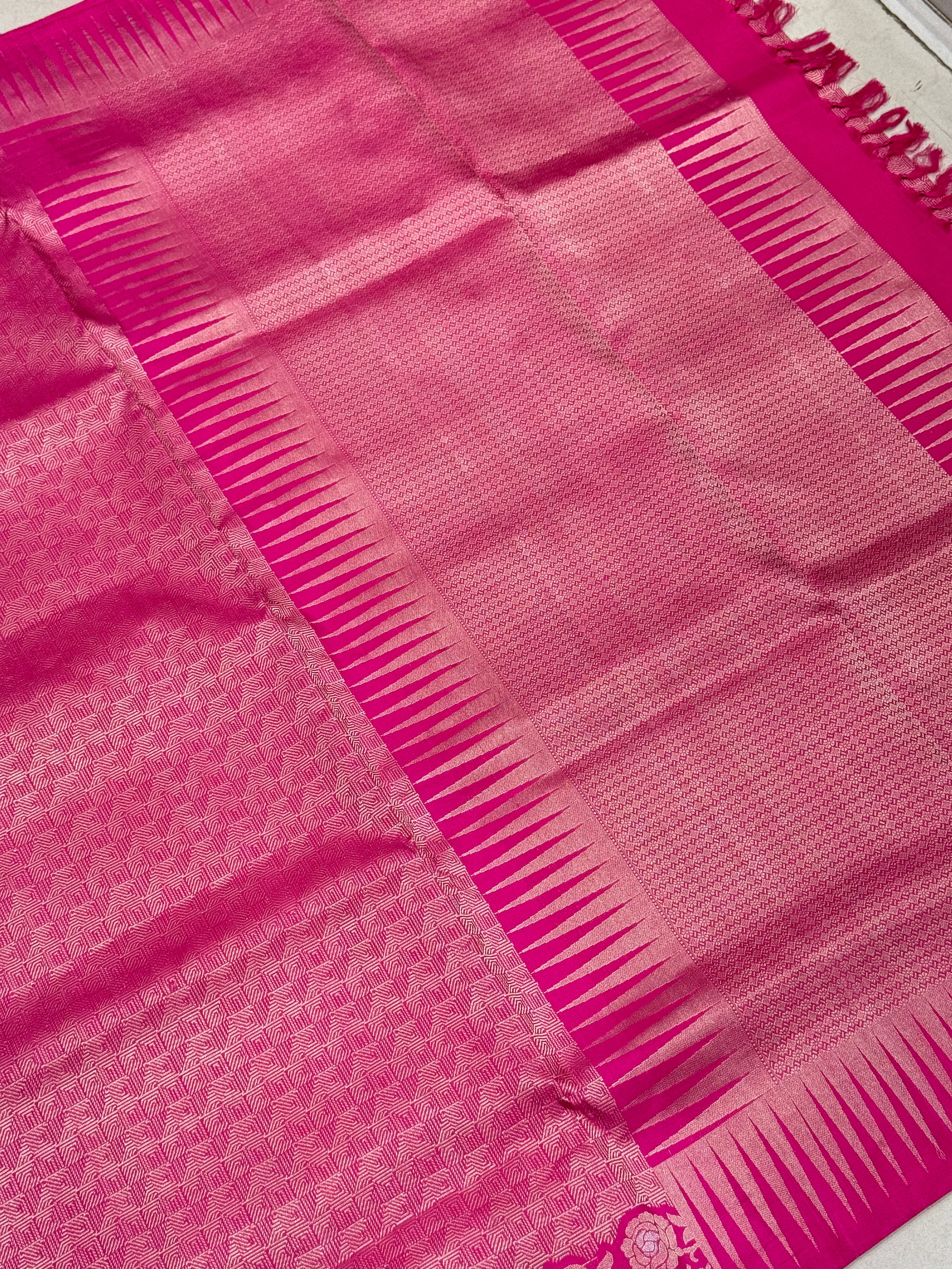 Rani Pink Rose Border Brocade Handloom Kanchipuram Pure Silk Saree