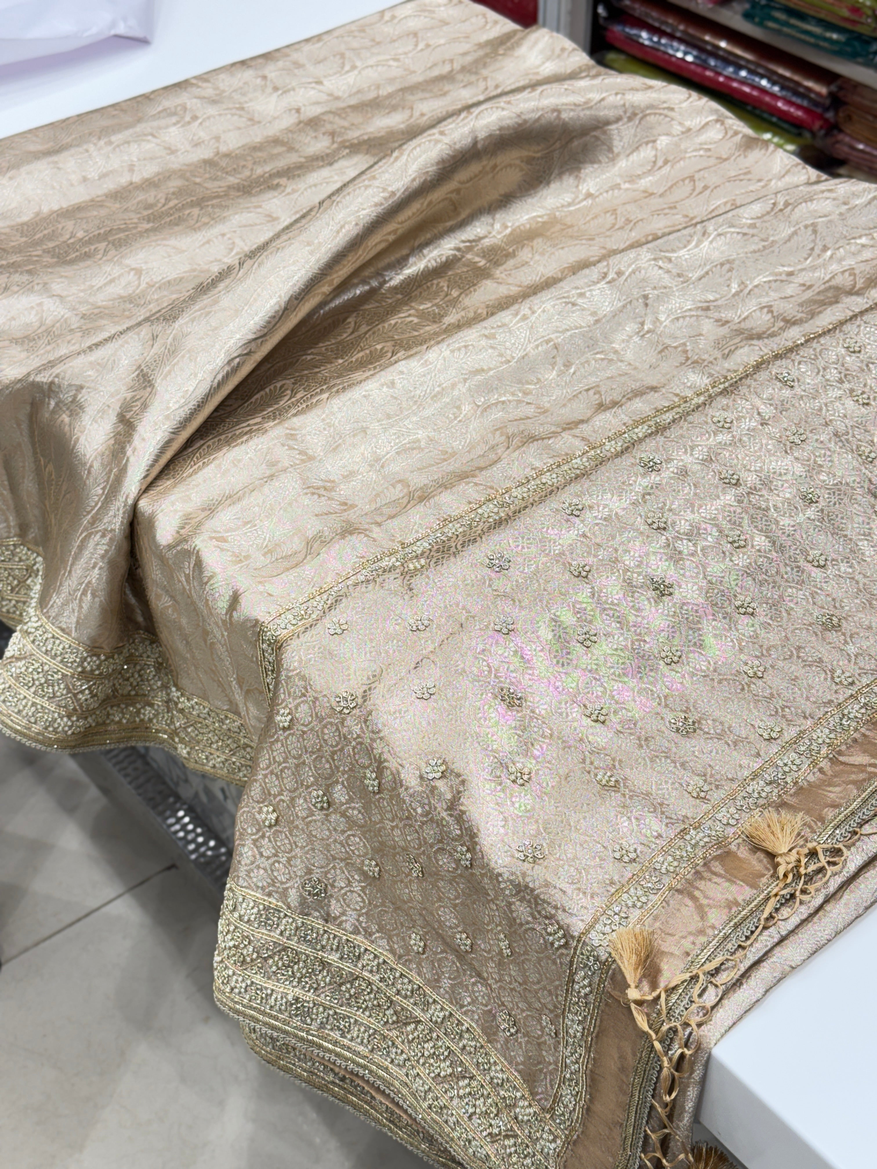 Nude Pink Silver Tissue Kanjivaram Moti Hand Embroidery Saree