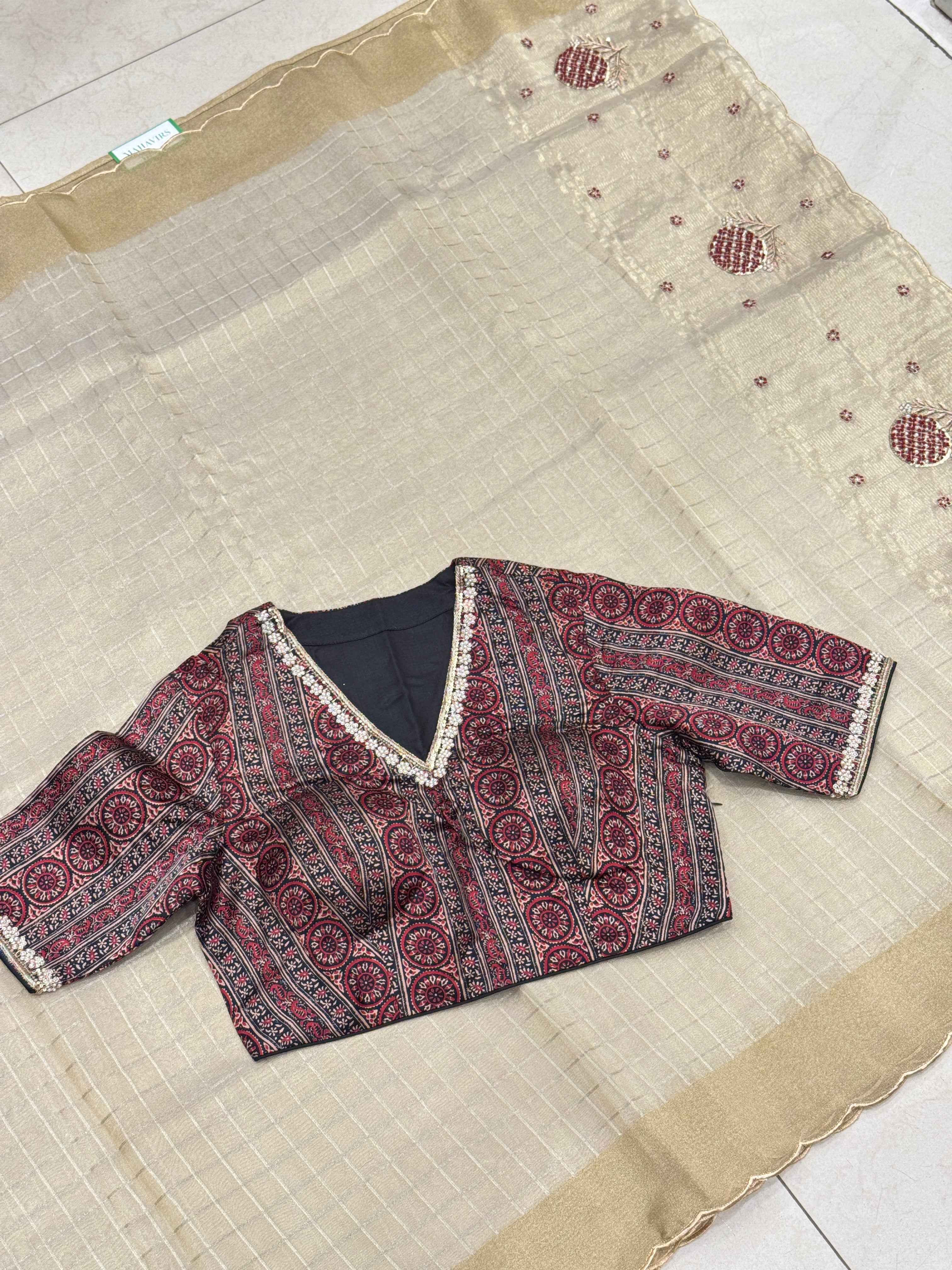 Golden Tissue With Ajrakh Ready Blouse Hand Embroidery