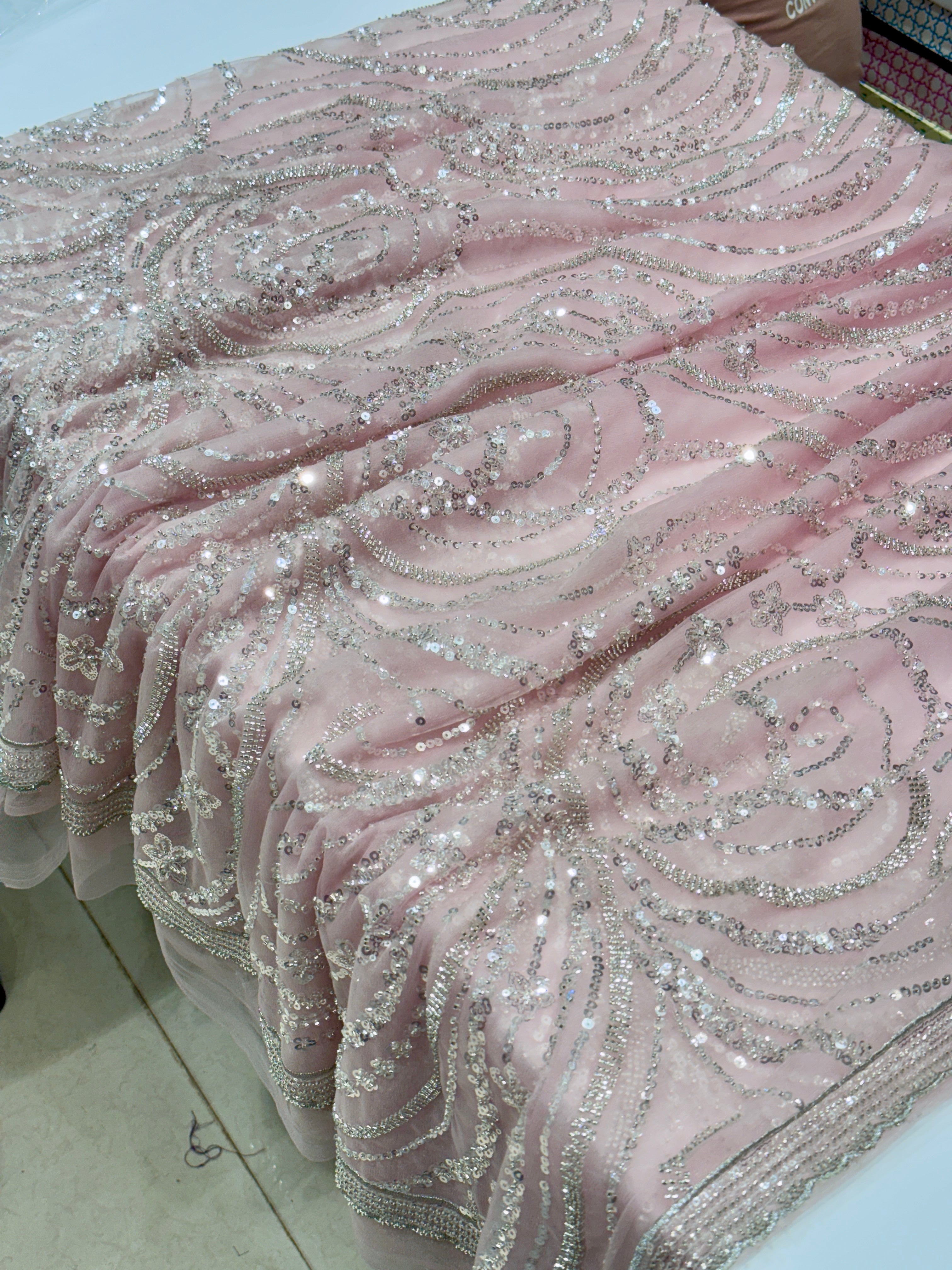 Pink Soft Net Sequin Moti Embroidery Saree