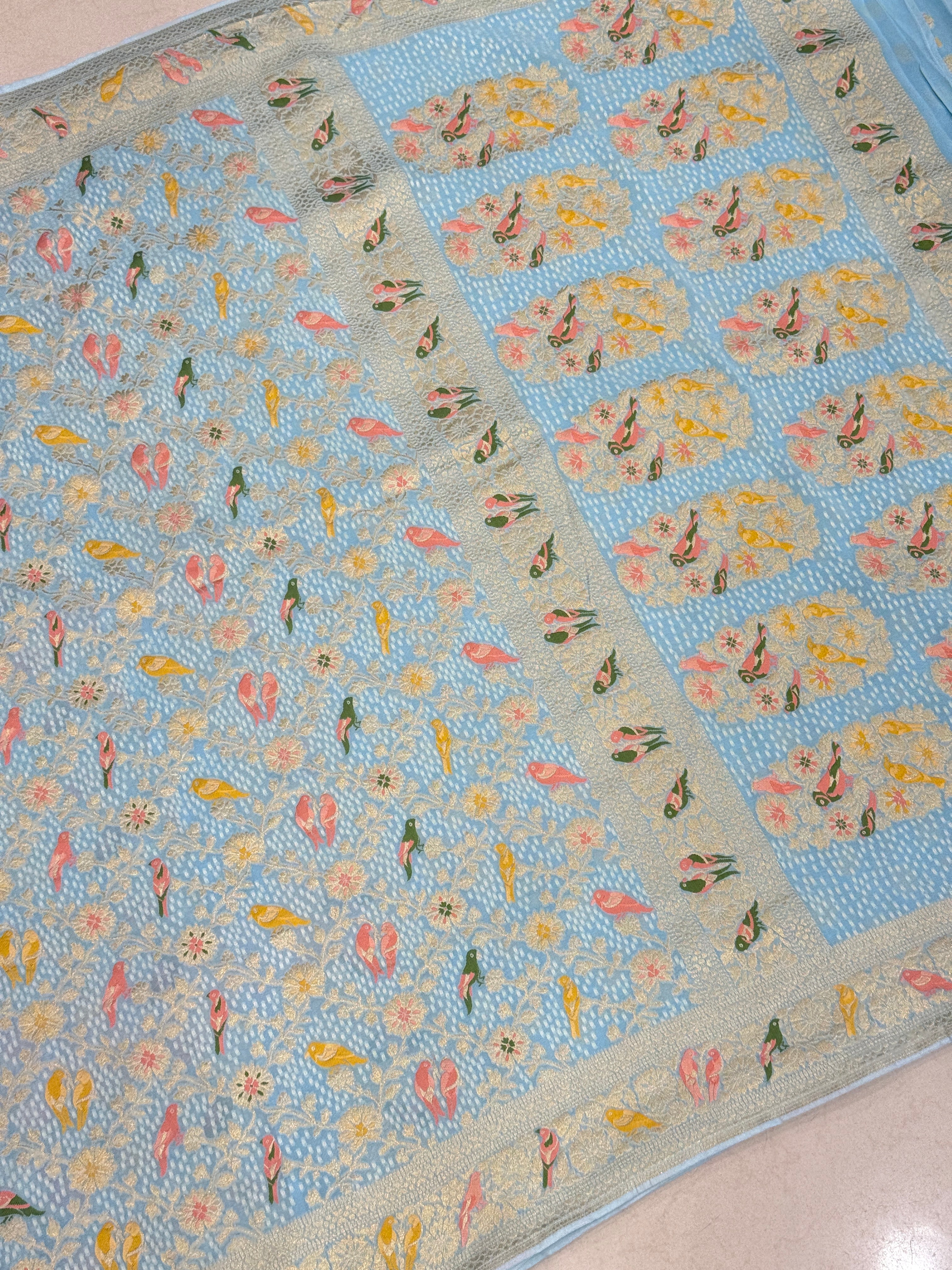 Light Blue Woven Bandhej Meenakari Parrot Motif Saree