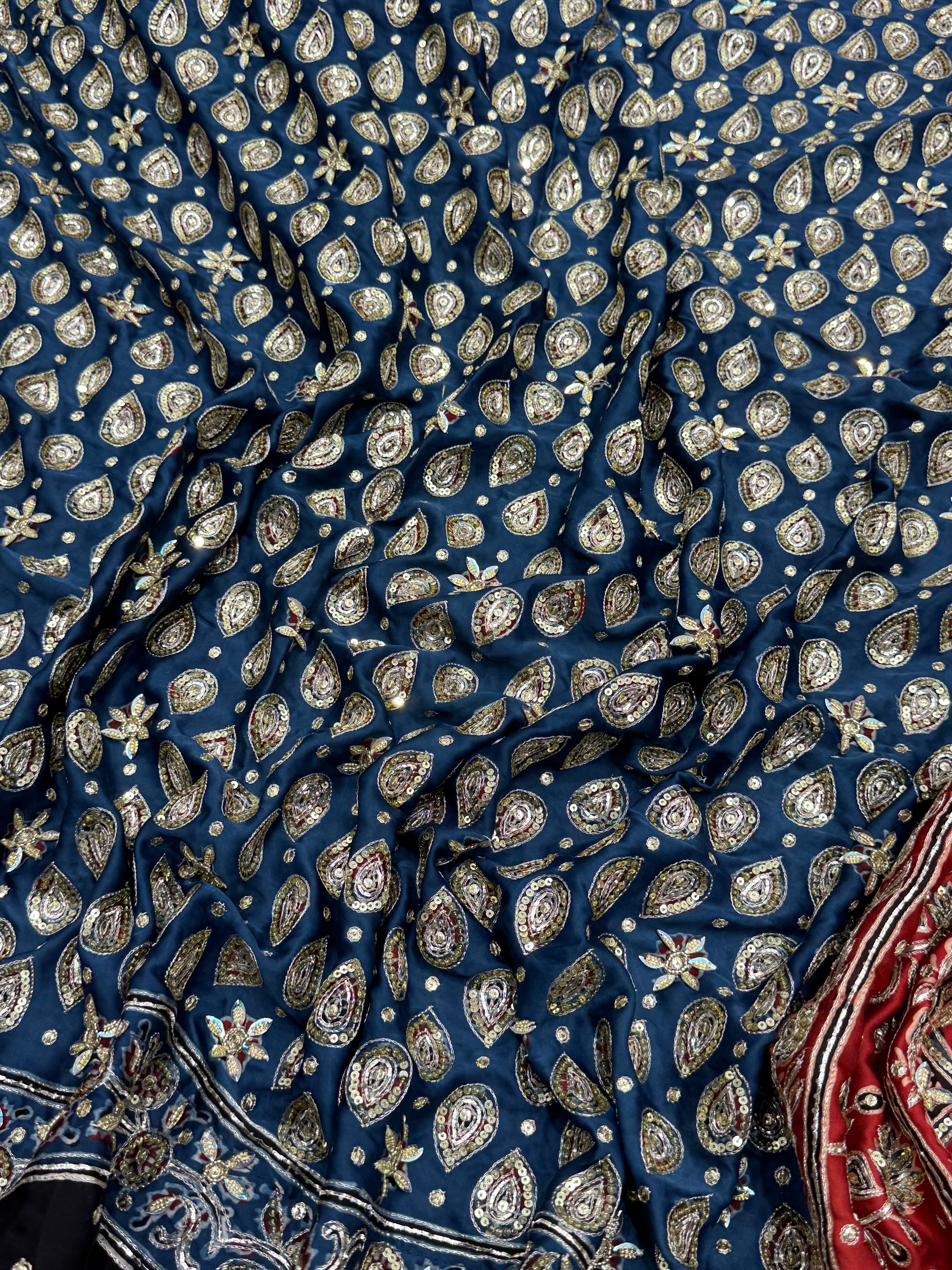 Blue Red Floral Buttis Ajrakh Hand Embroidery Saree