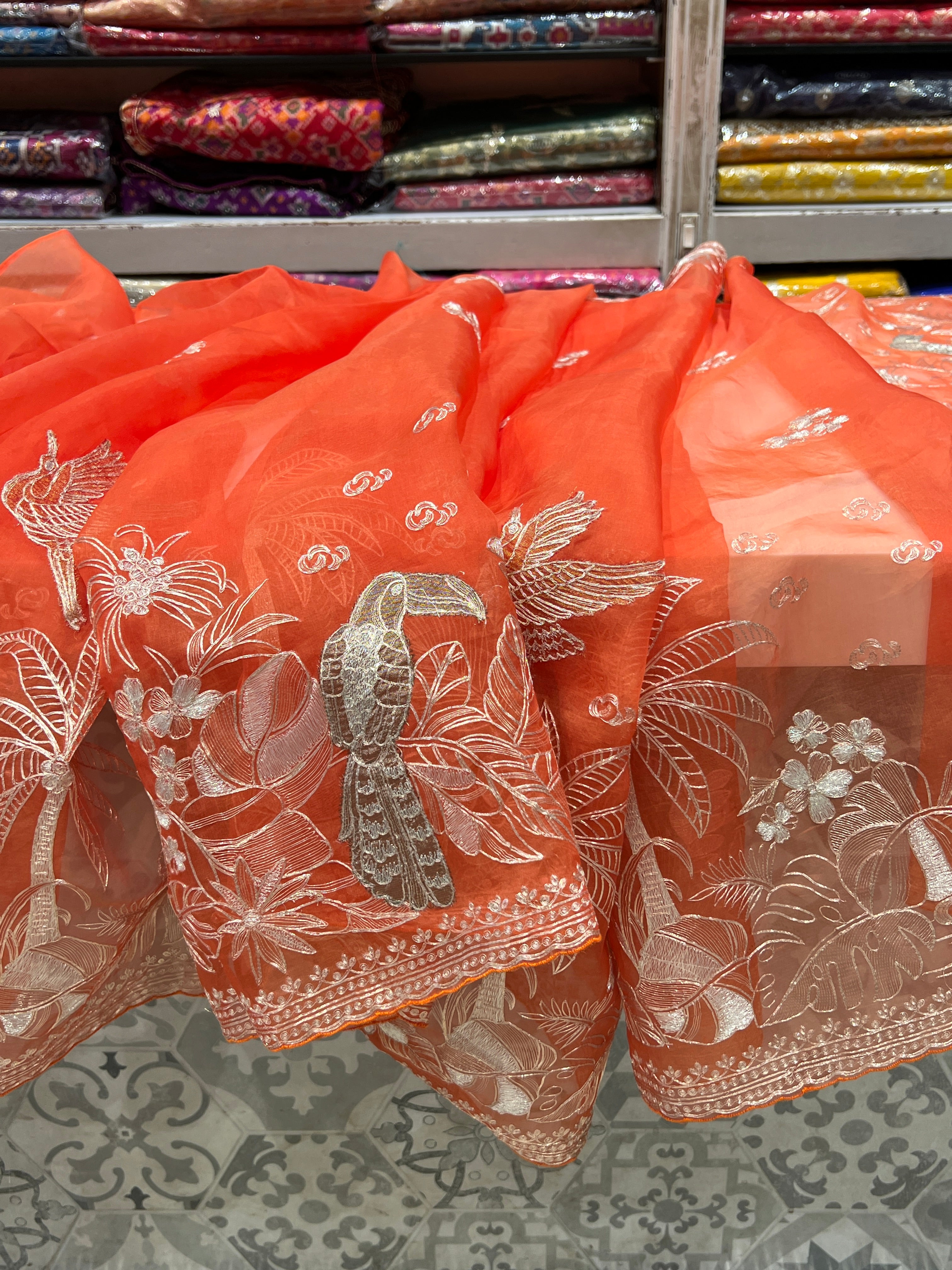 Orange Pitta Hand Embroidery Organza Saree