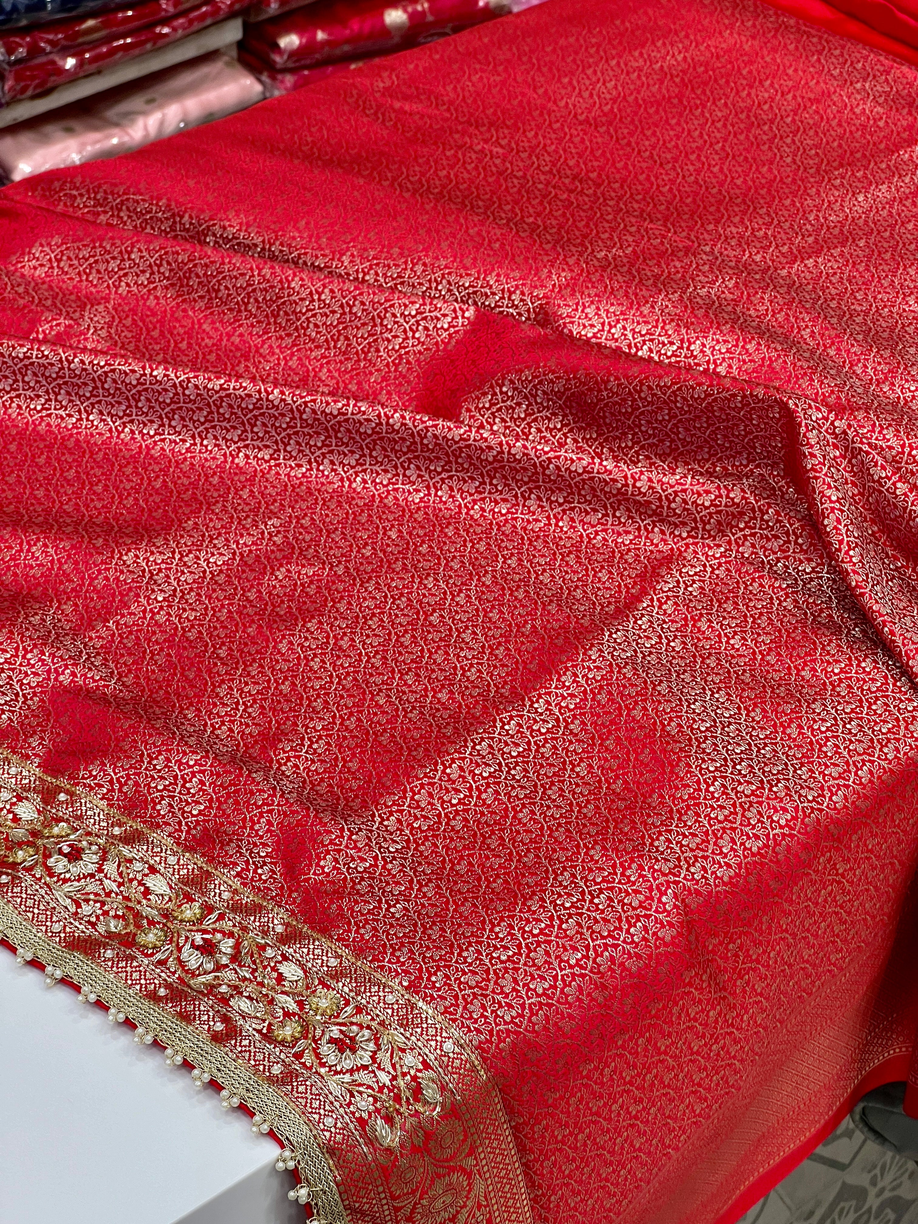 Red Banarasi Zardosi Resham Hand Embroidery Saree