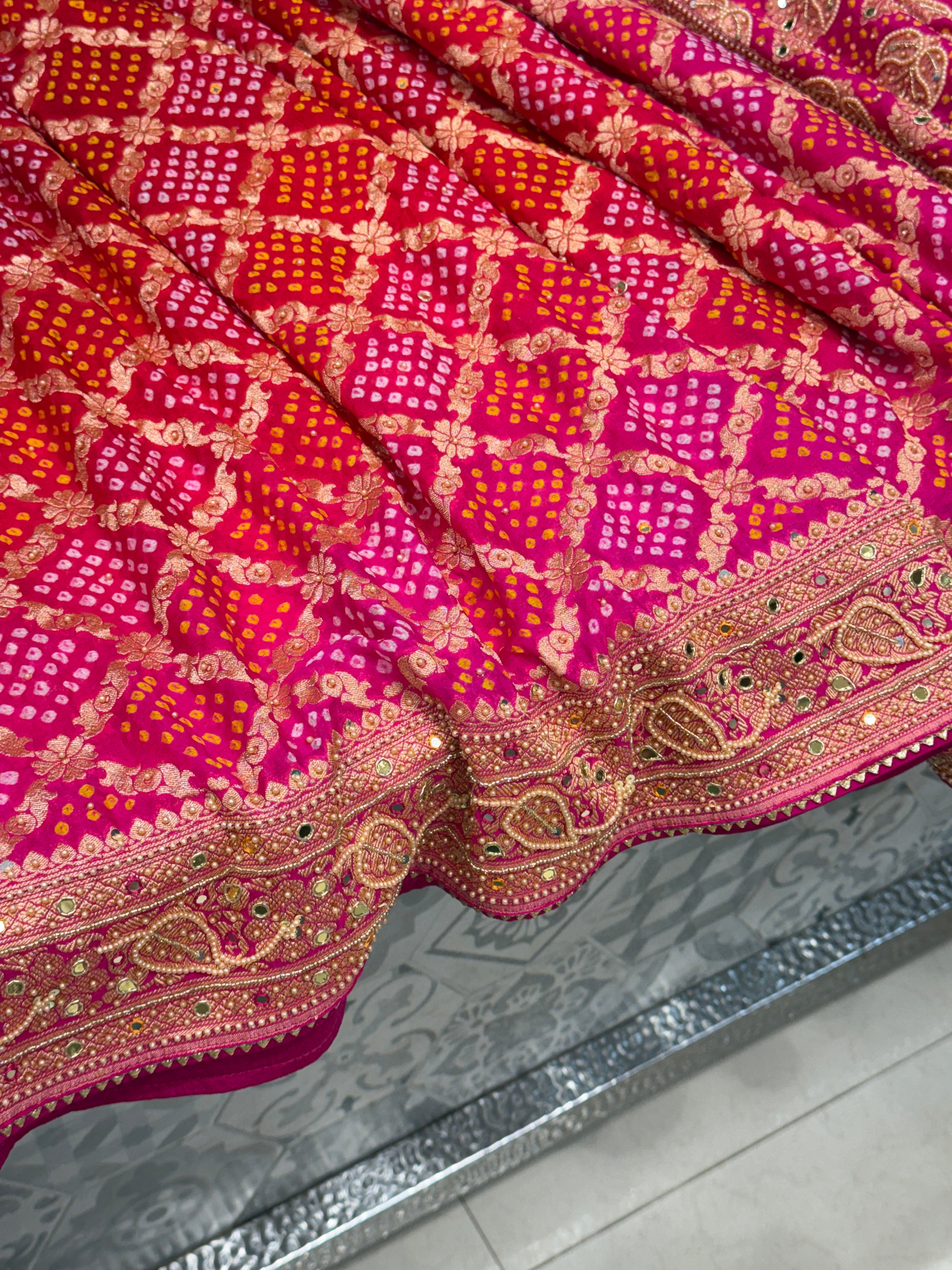 Shaded Rani Red Bandhej Moti Hand Embroidery Saree