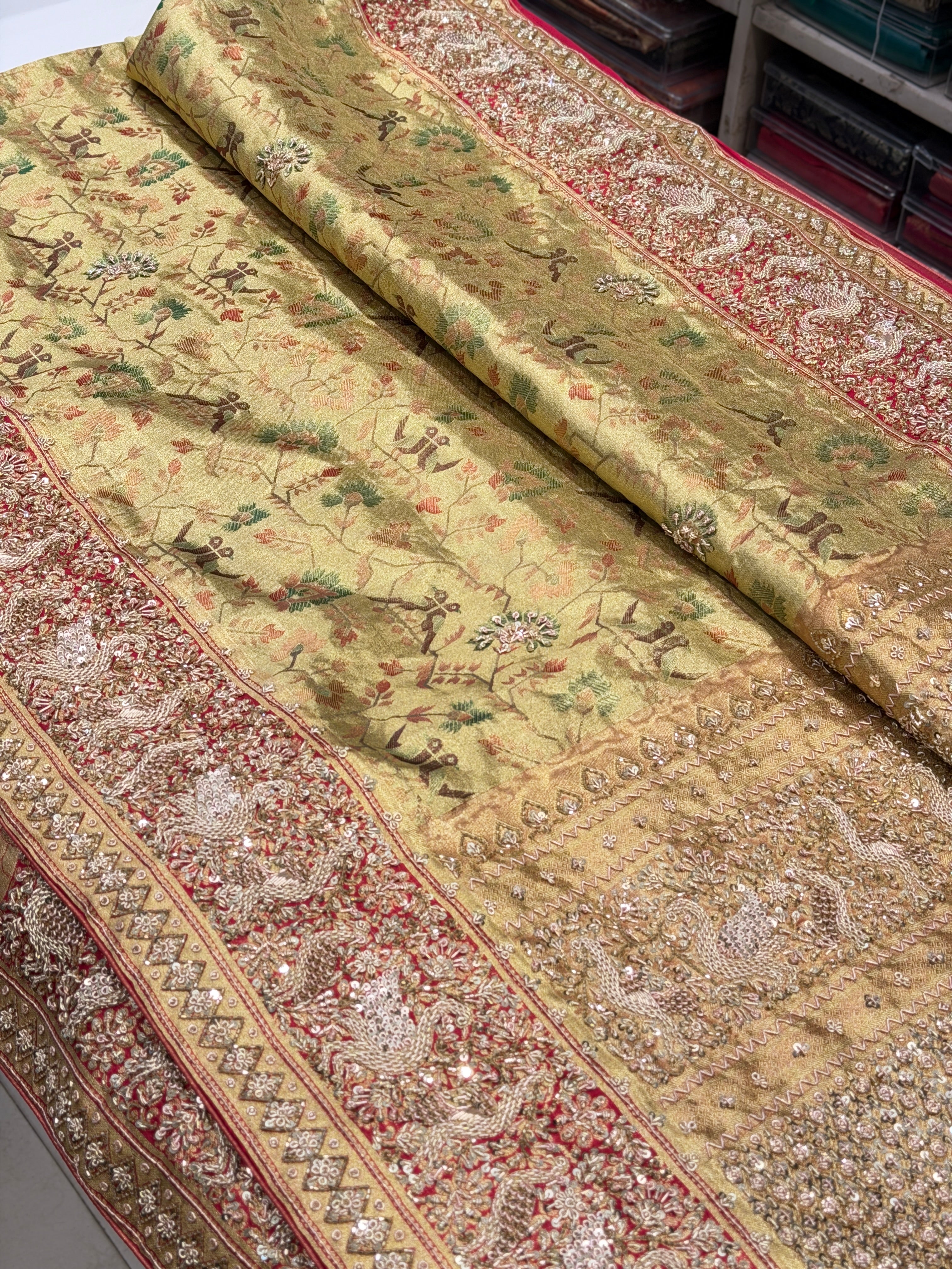 Pista Green Tissue Kanjivaram Paithani Style Zardosi Hand Embroidery Saree