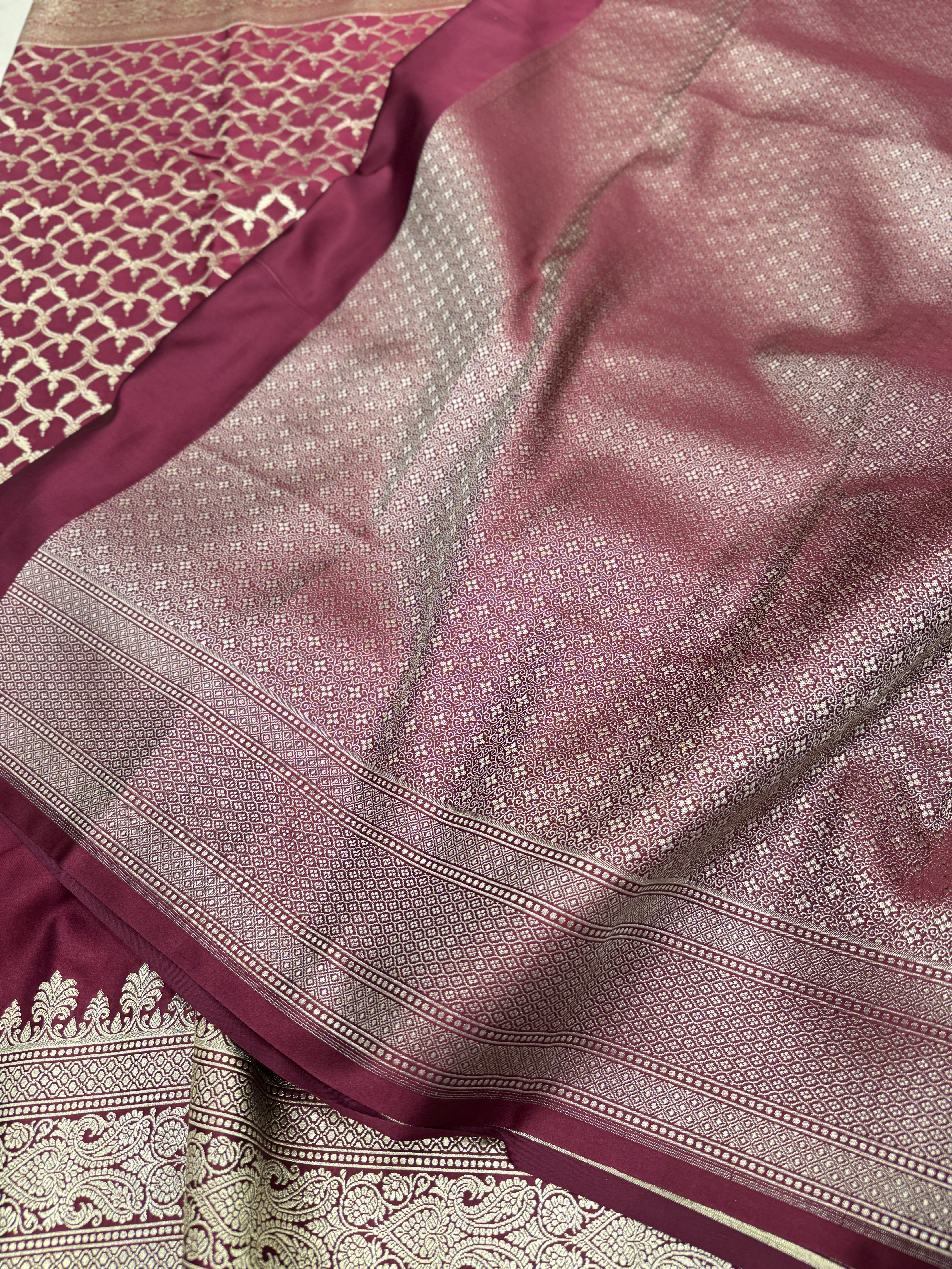 Wineish Maroon Banarasi Silk Half n Half Saree