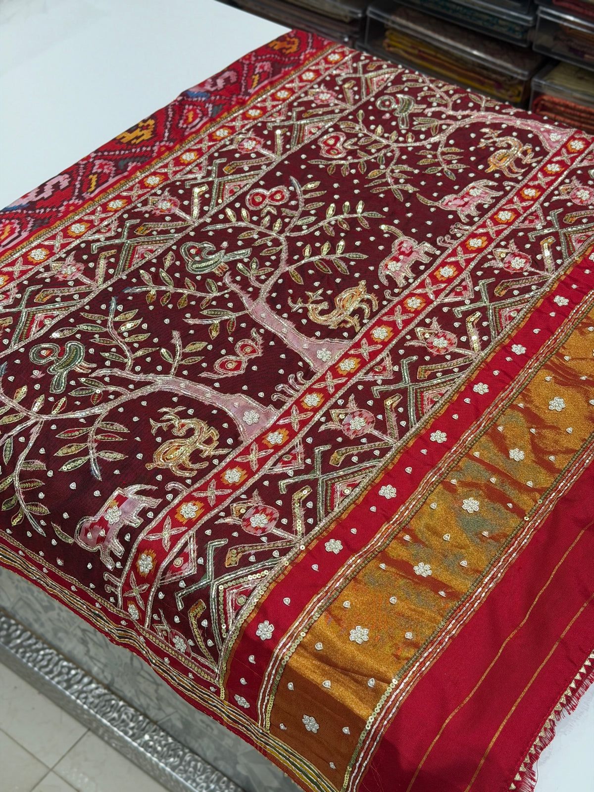 Red Handloom Patan Patola Hand Embroidery Pita Zardosi Saree