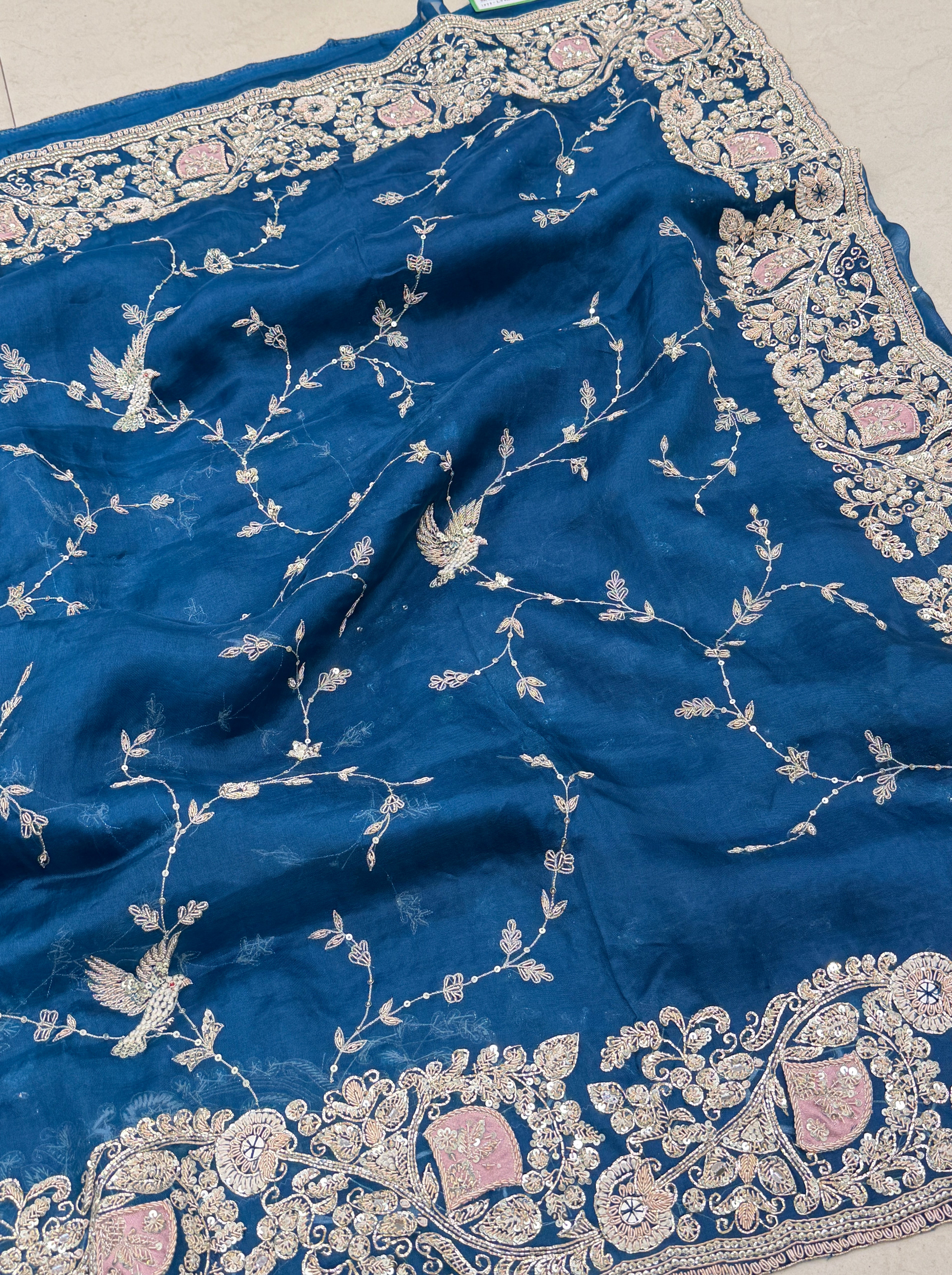 Petrol Blue Patch Work Zardosi Hand Embroidery Saree