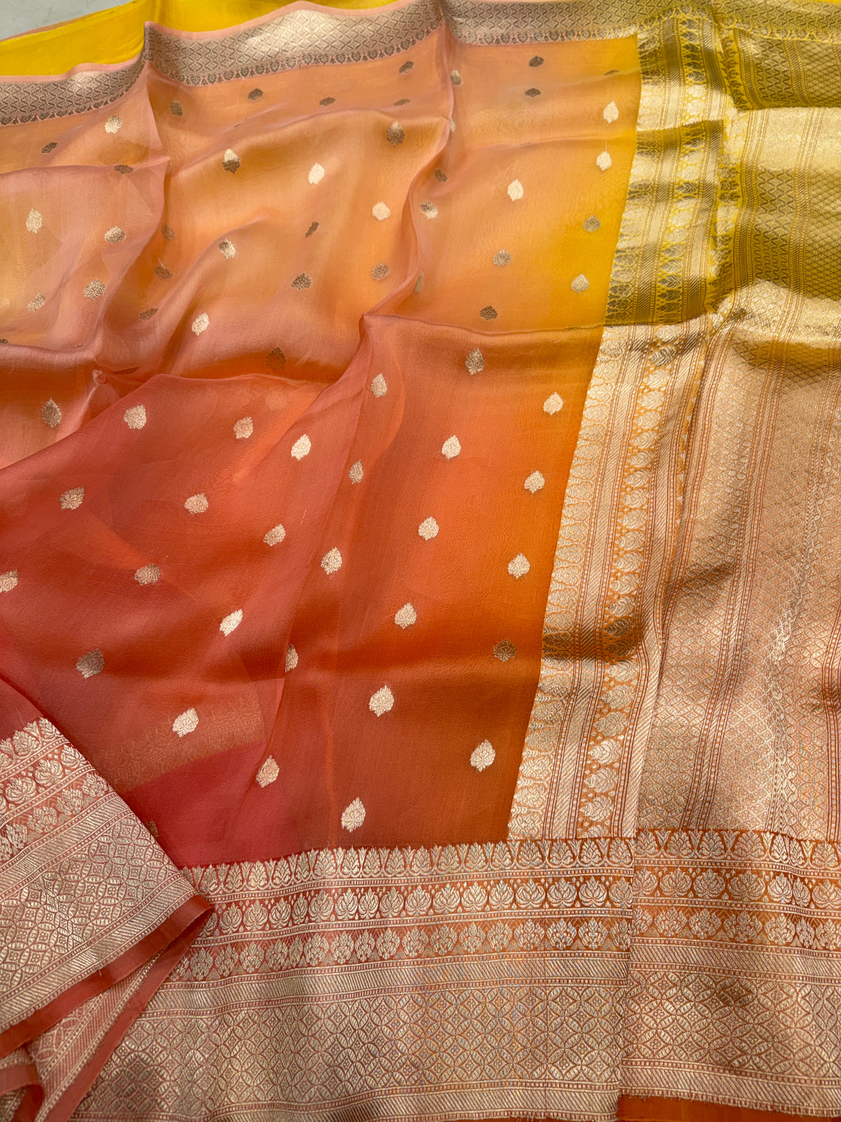 Orange Shaded Handloom Banarasi Kora Buttis Saree