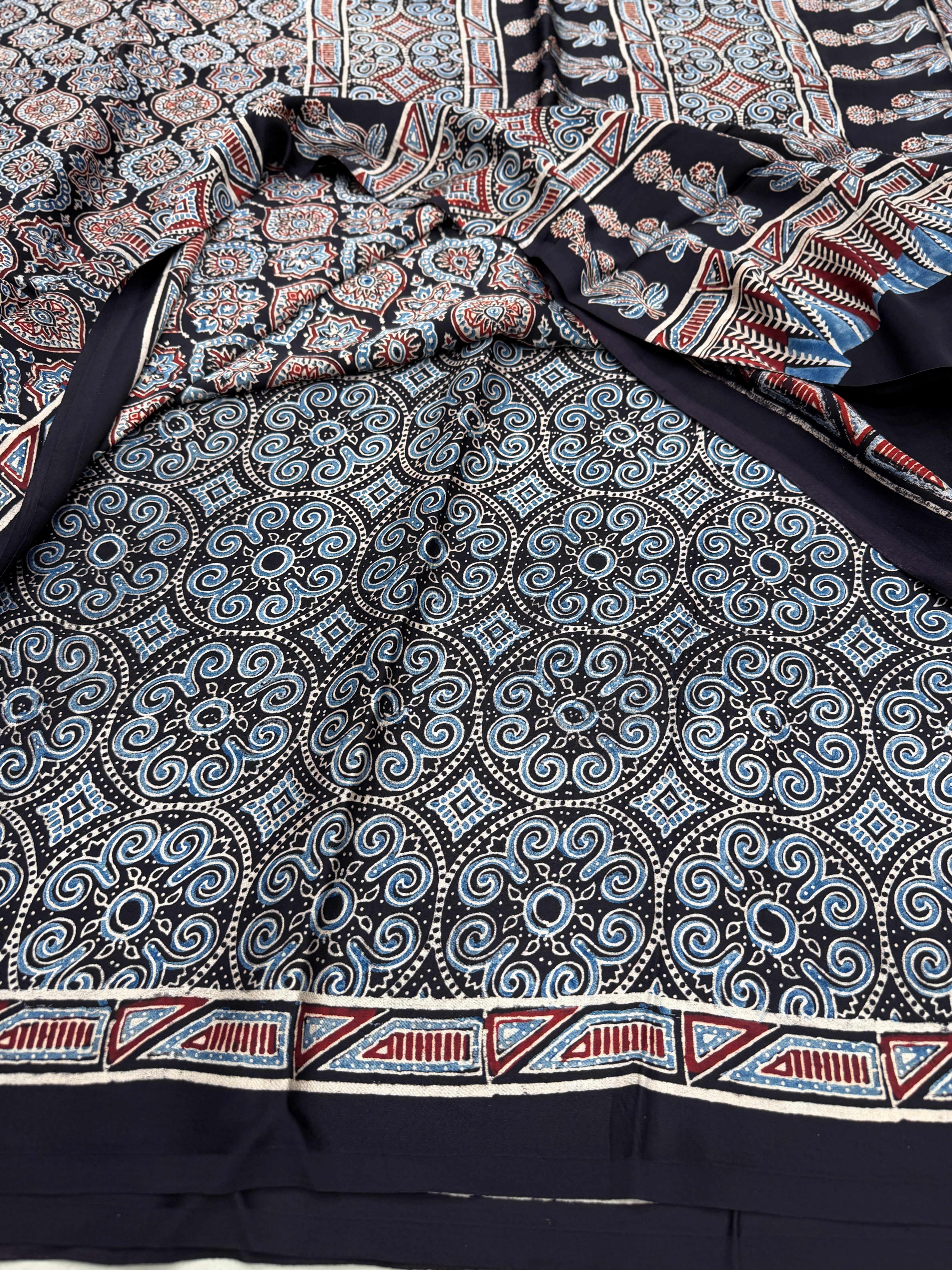 Black Small Badam Butta Ajrakh Hand Block Print Pure Modal Silk Saree
