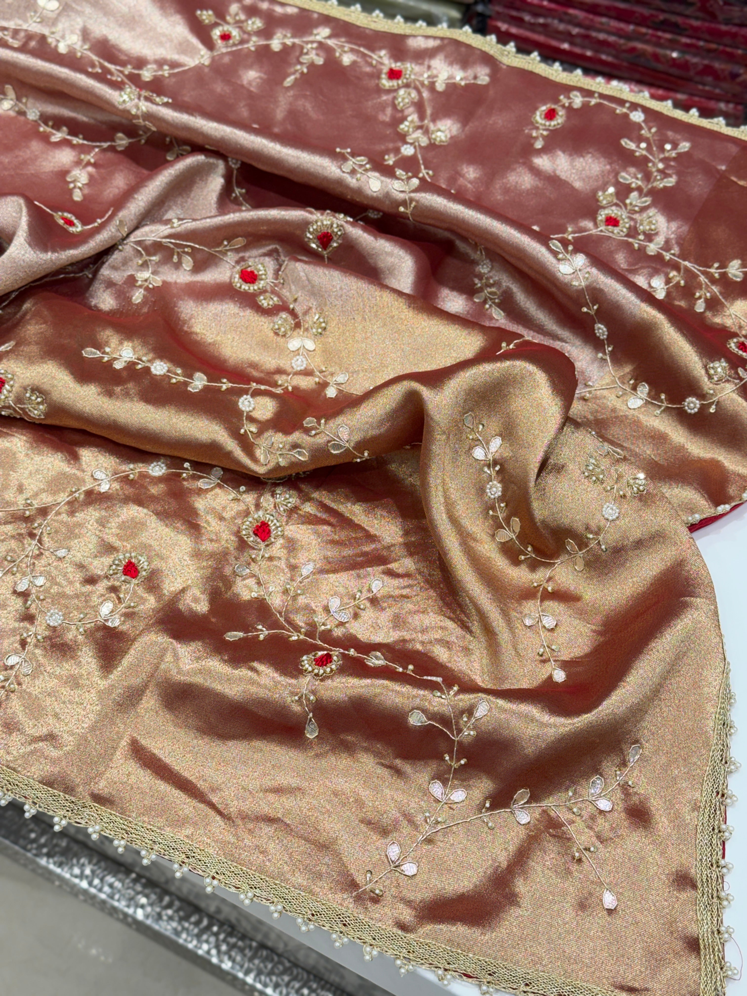 Red Tissue Zardosi Gota Resham Hand Embroidery Jaal Saree