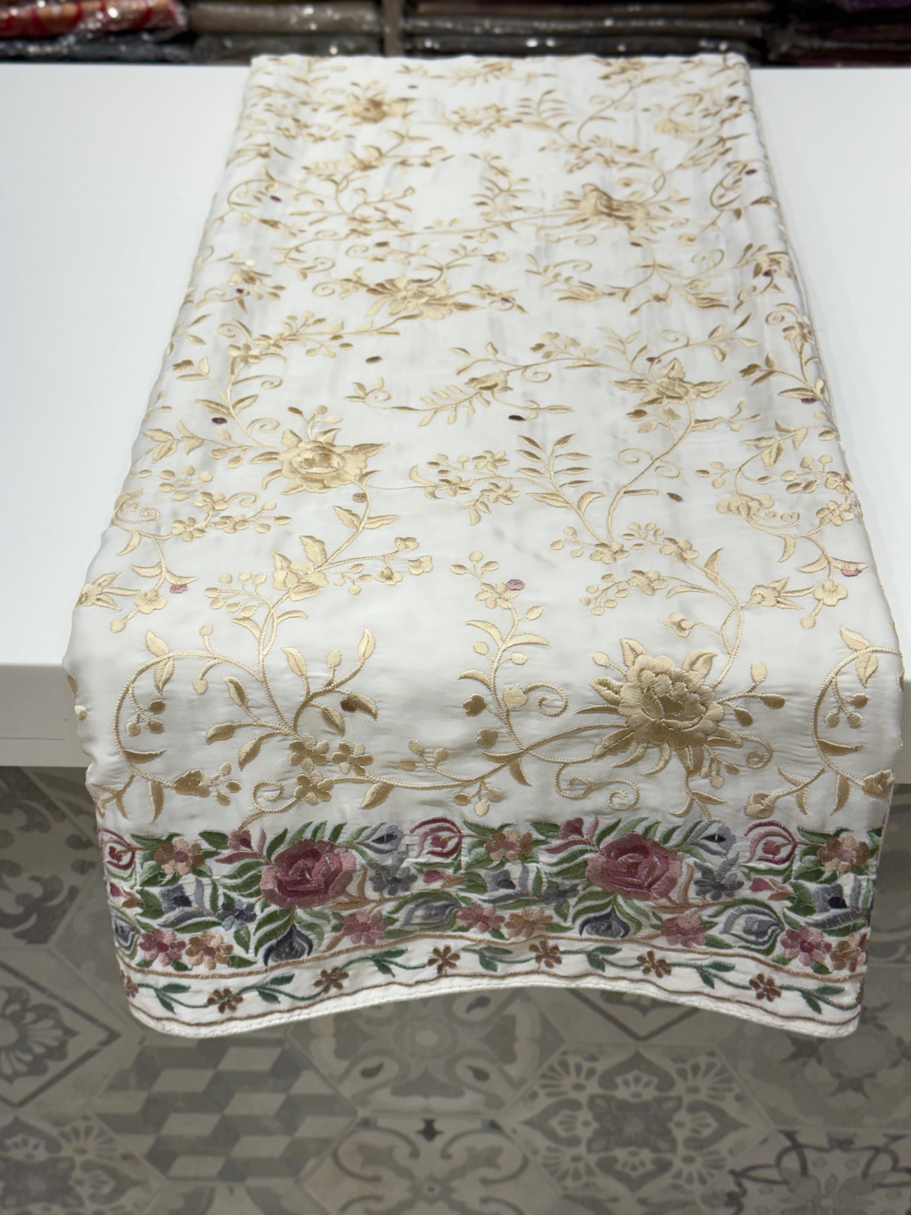 White Georgette Multi Colour Jaal Parsi Gara Saree