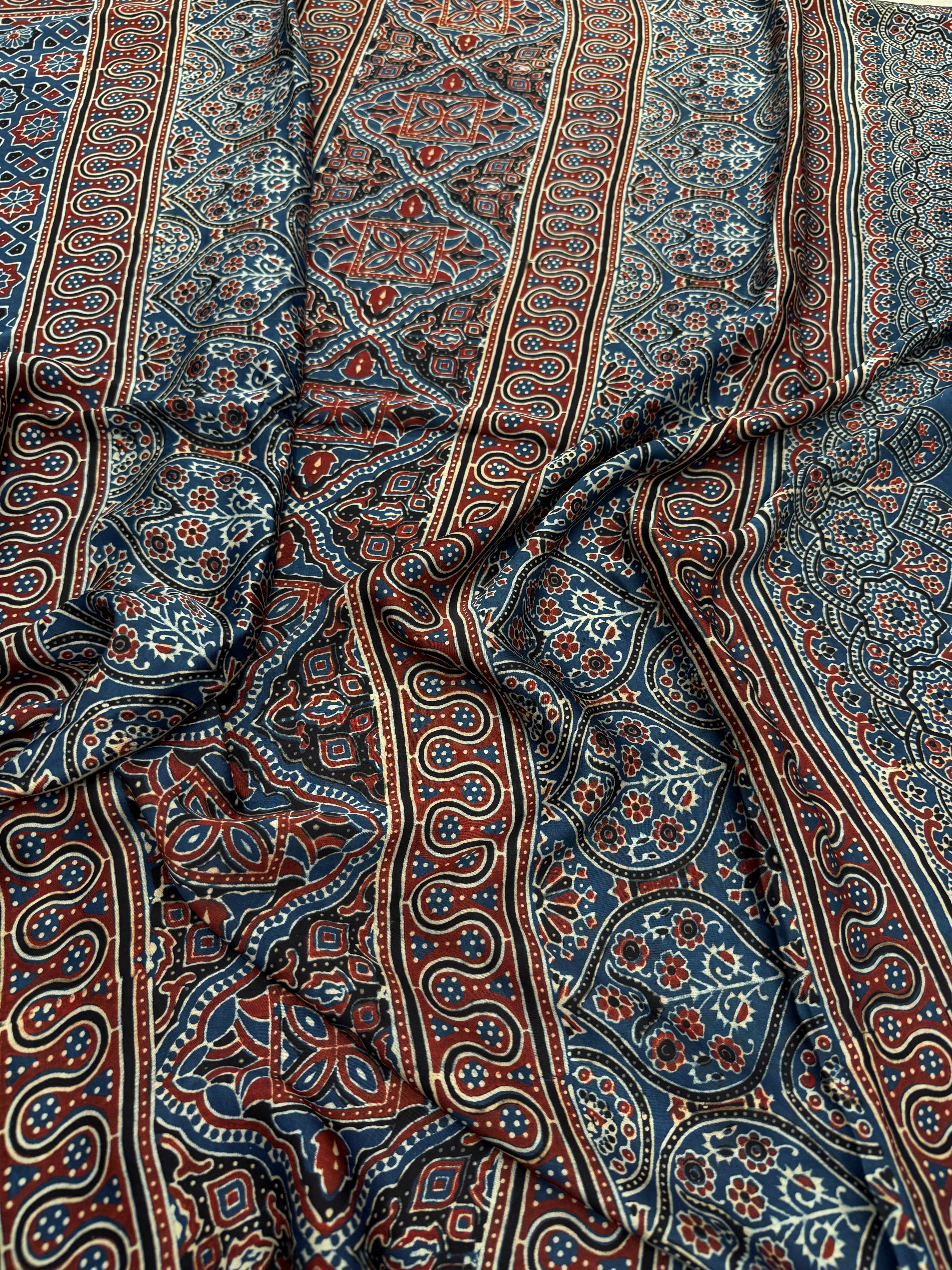 Blue Star Hand Block Print Ajrkah Pure Gajji Silk Saree