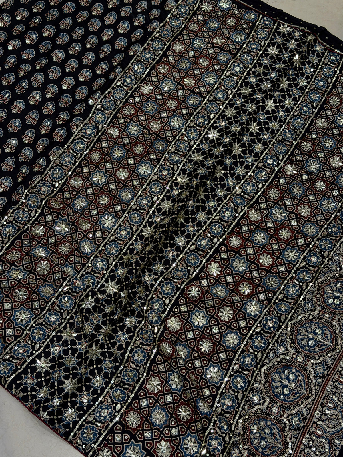 Black Keri Butti Ajrakh Sequin Moti Hand Embroidery Saree