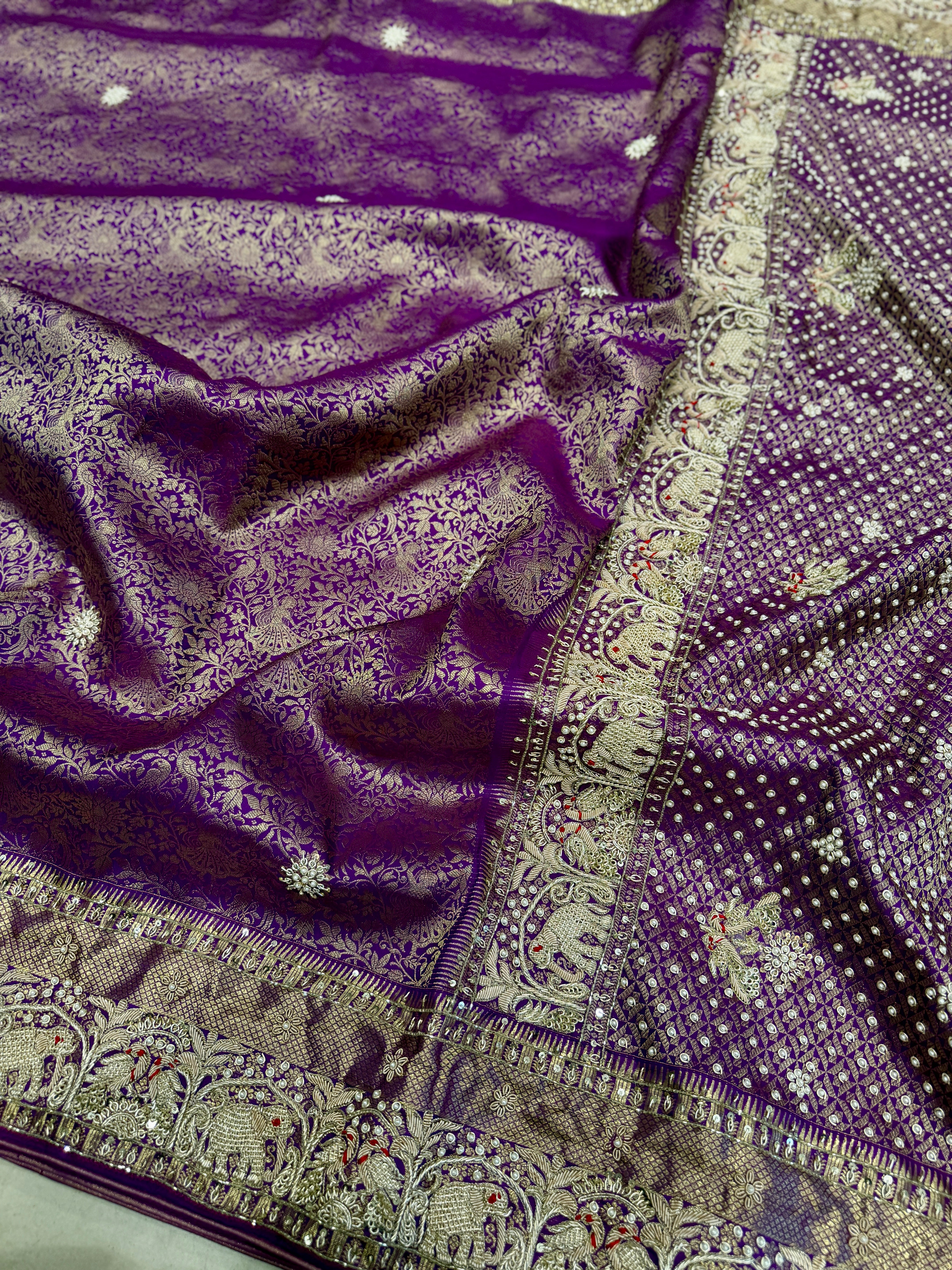 Violet Kanjivaram Elephant Motif Hand Embroidery Zardosi Saree