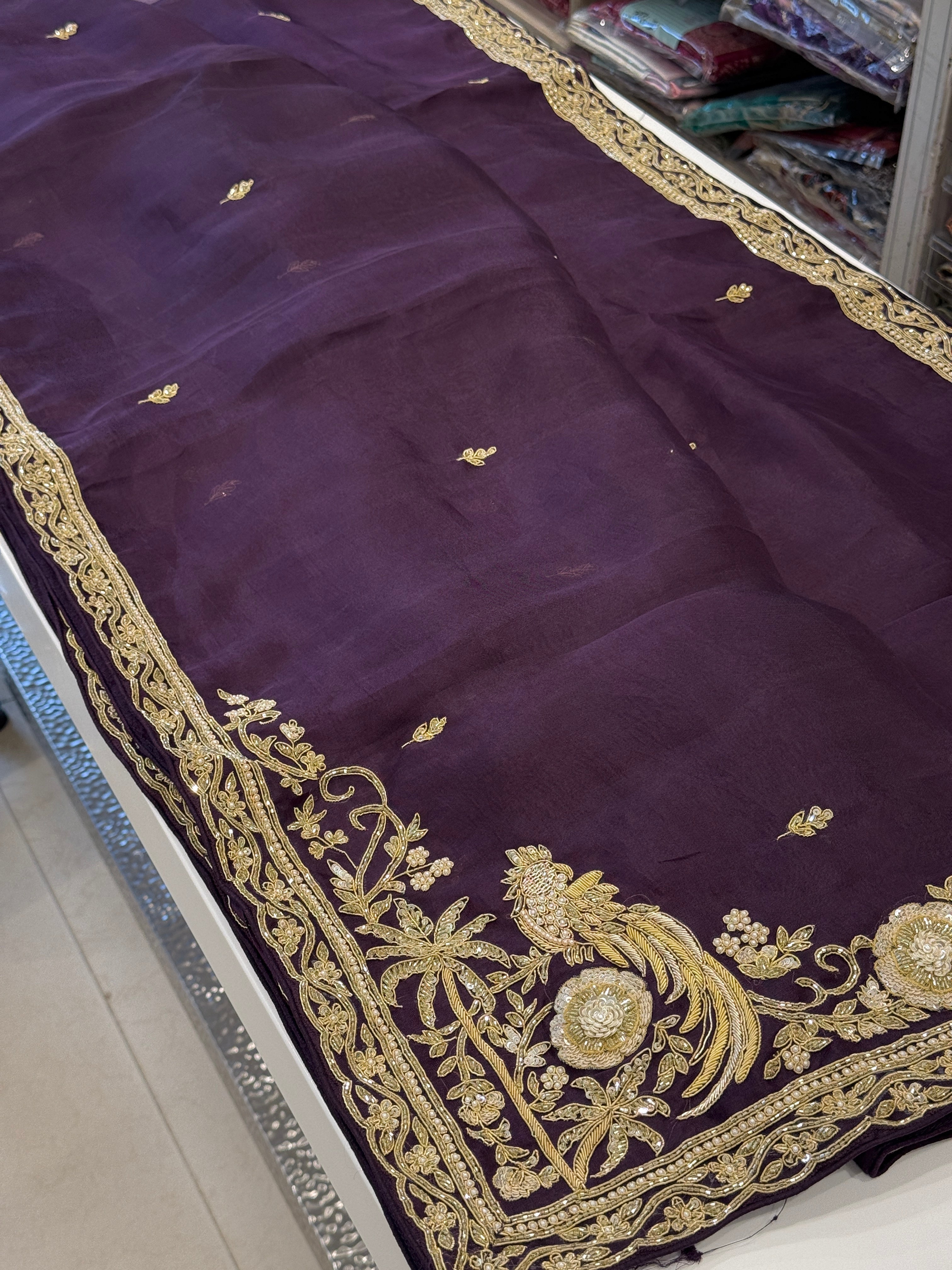 Dark Wine Organza Zardozi Hand Embroidery Saree