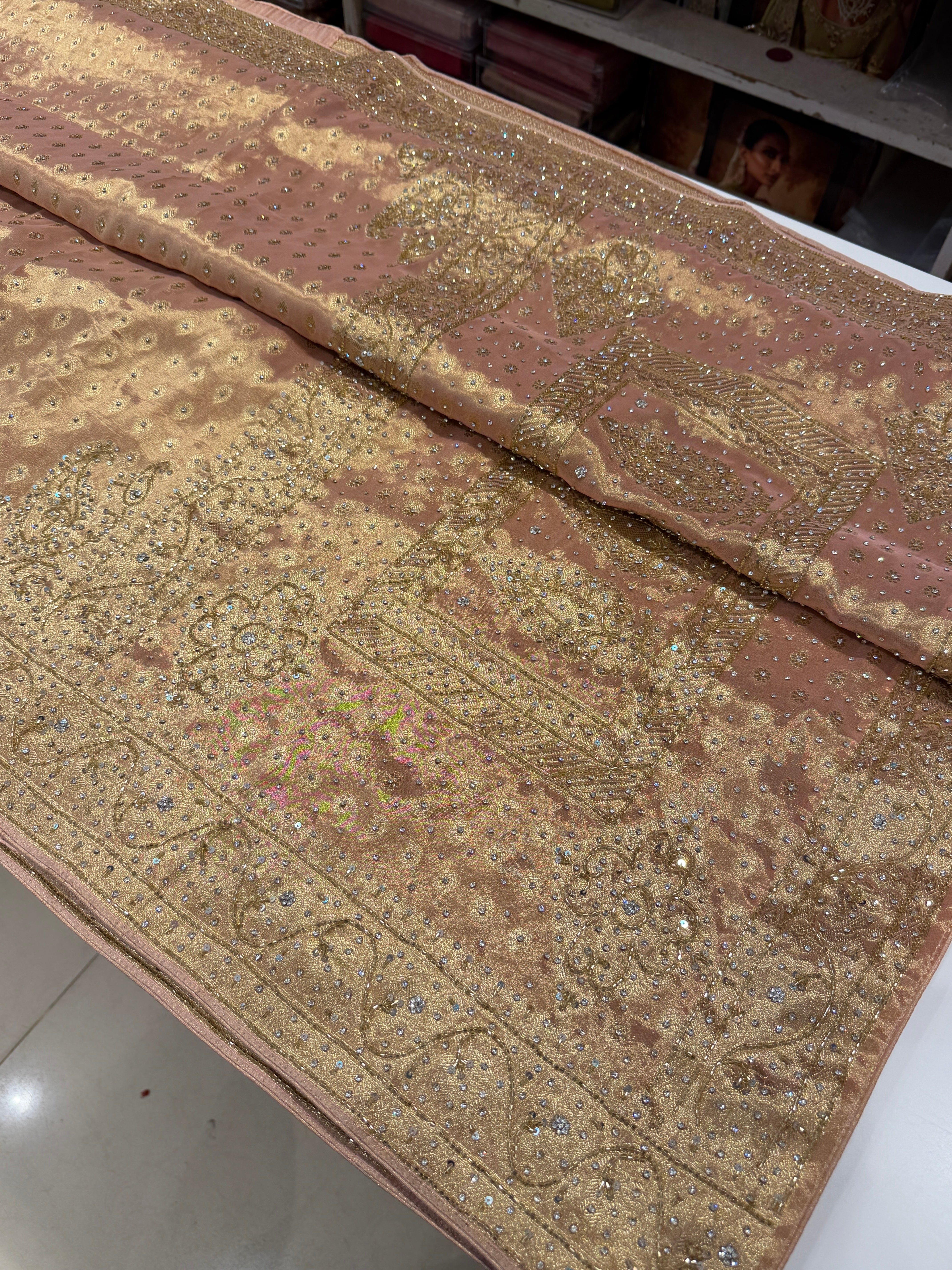 Pink Tissue Buttis Stones Hand Embroidery Saree