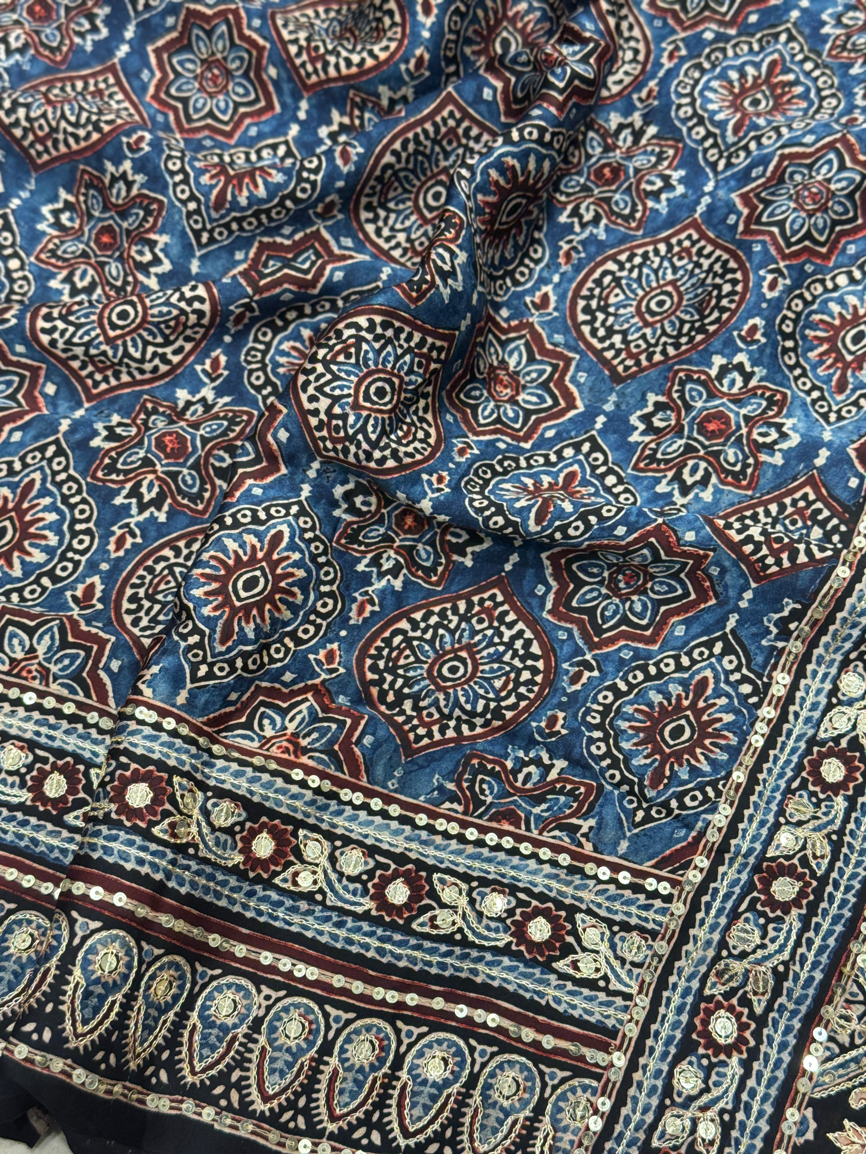 Blue Badam Jaal Pita Sequin Ajrakh Hand Embroidery Saree