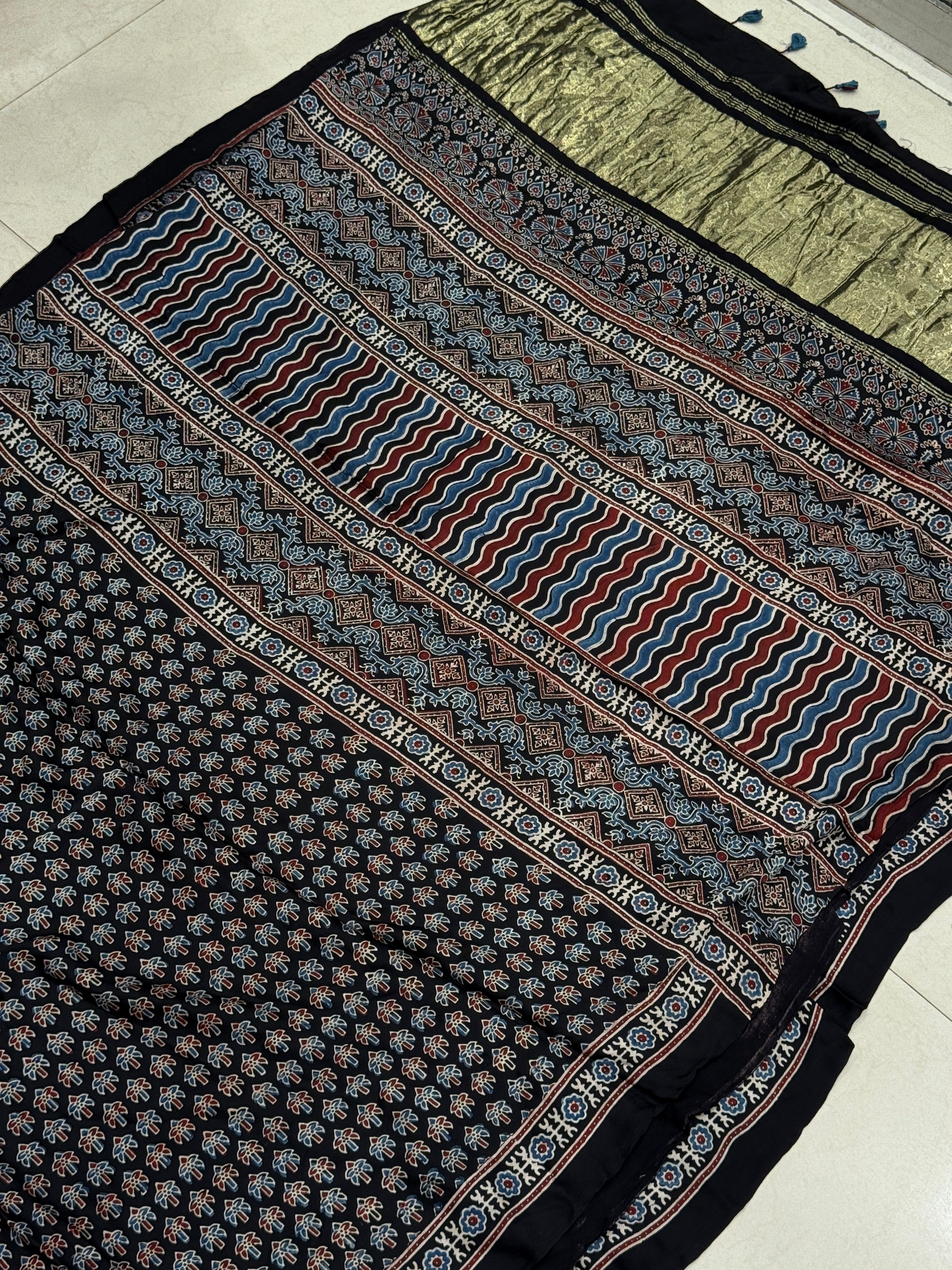 Black Small Tree Buttis Ajrakh Block Print Hand Pure Gajji Silk Saree