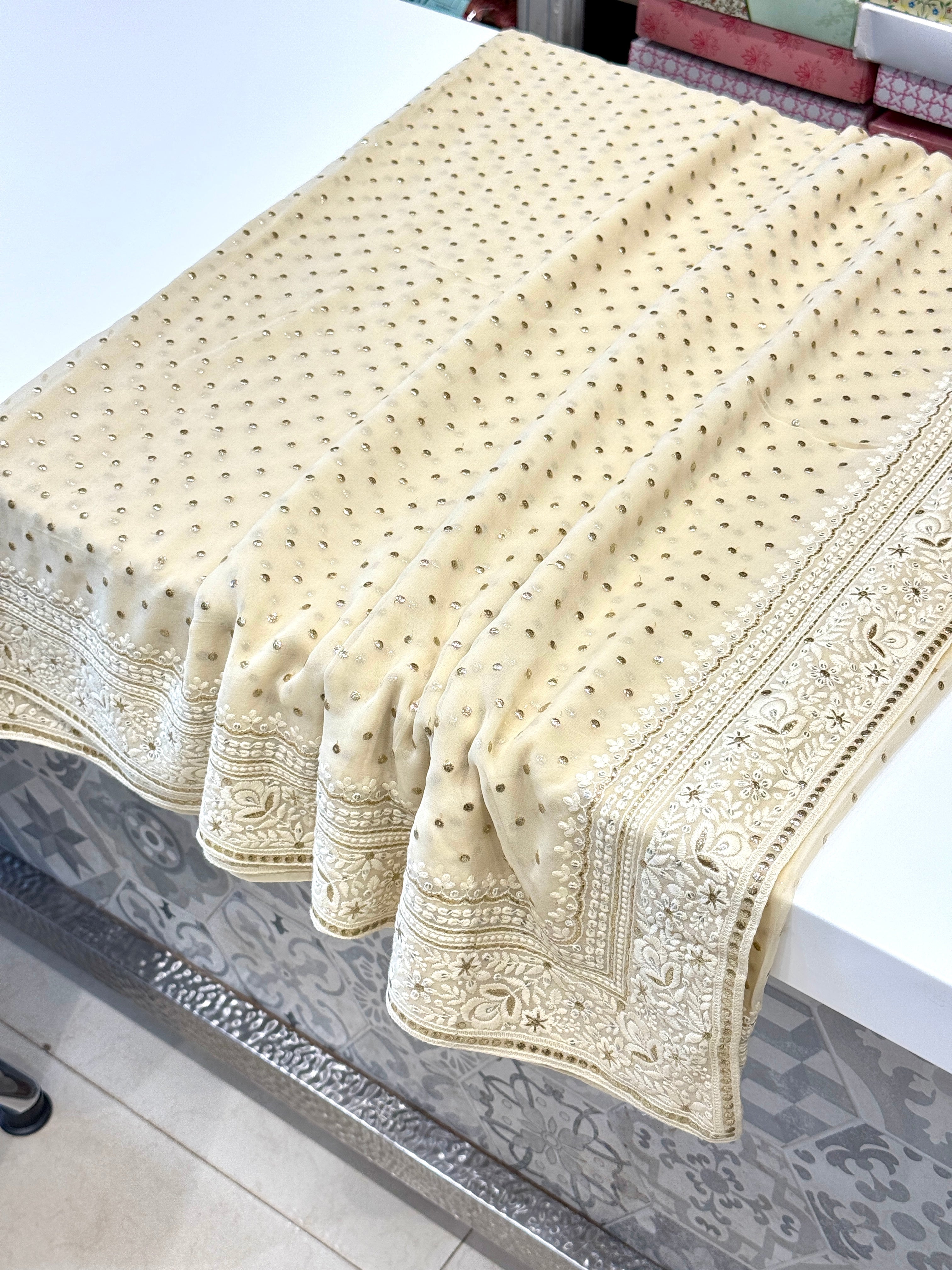 Moti White Chikankari Saree with Mukaish Embroidery