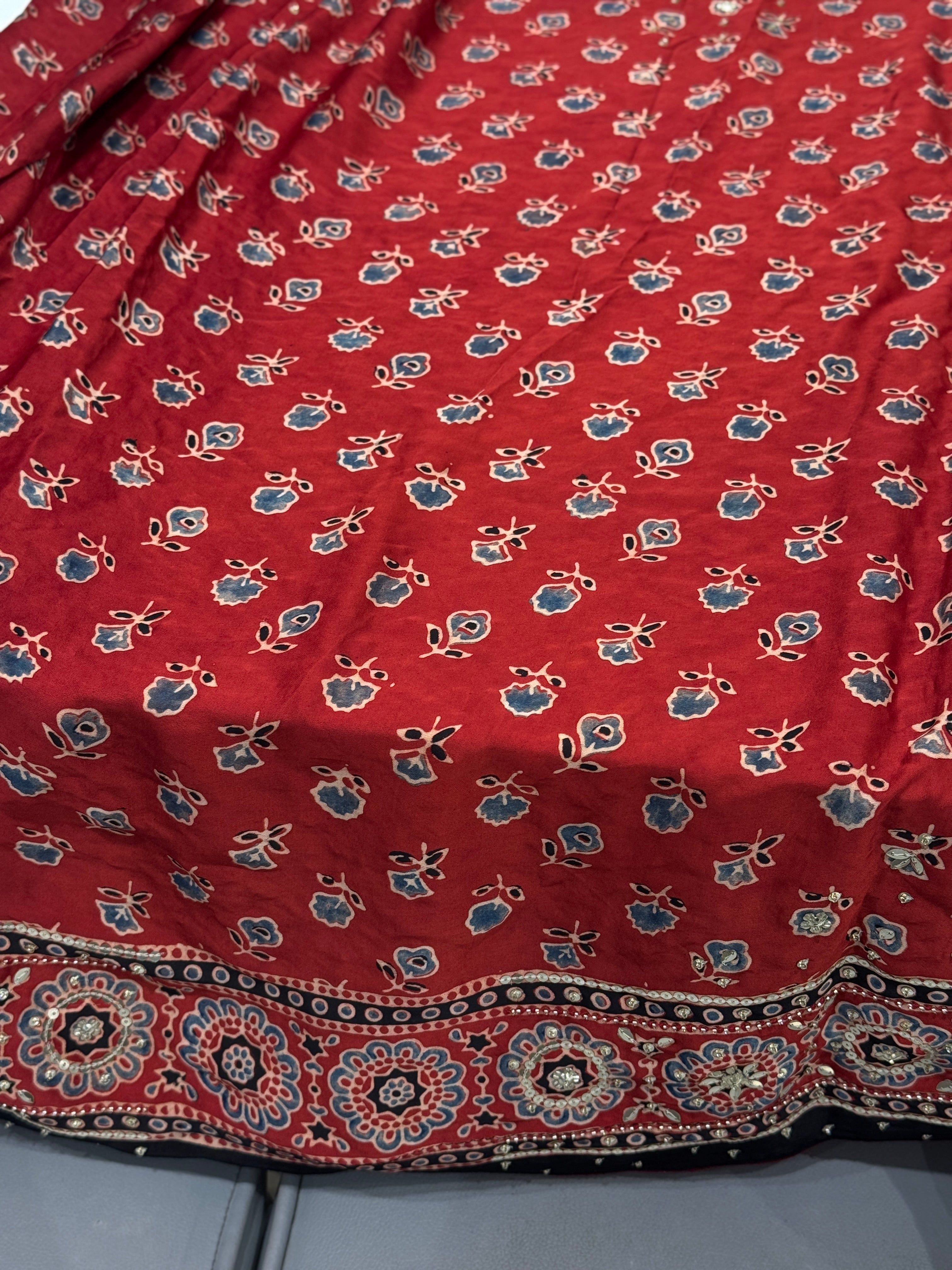 Red Ajrakh Badam Buttas Sequin Moti Hand Embroidery Saree