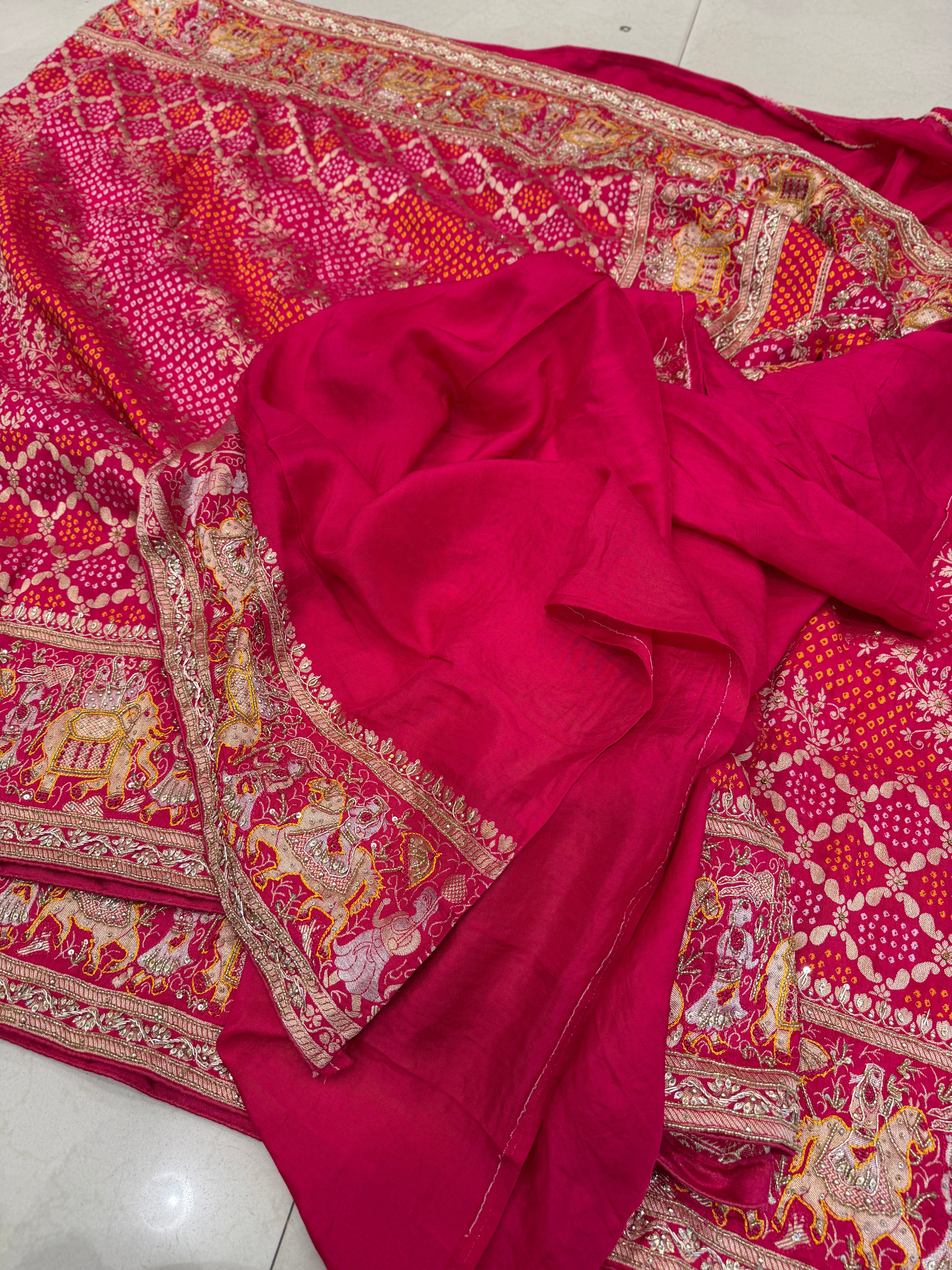 Rani Woven Bandhej Doli Edit Zardosi Hand Embroidery Banarasi Munga Saree