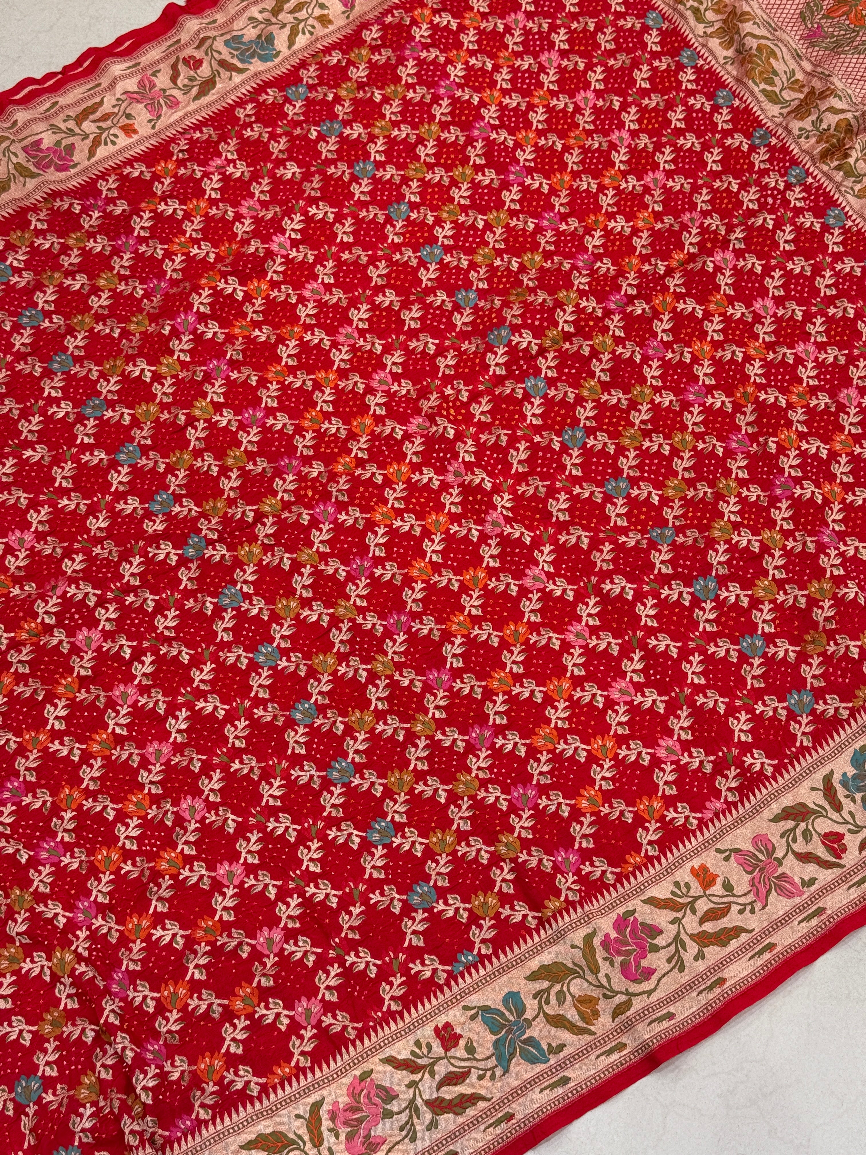 Red Meenakari Floral Jaal Rai Bandhej Georgette Bandhini Saree