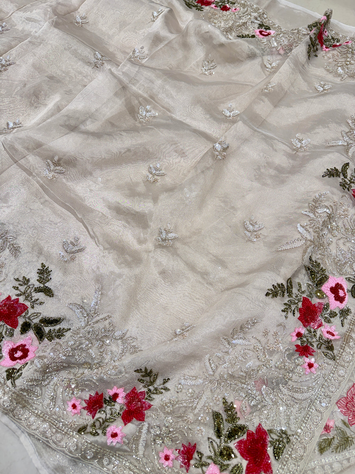 Silver Pure Tissue Silk Sequin Zardosi Three D Hand Embroidery Floral Border Saree