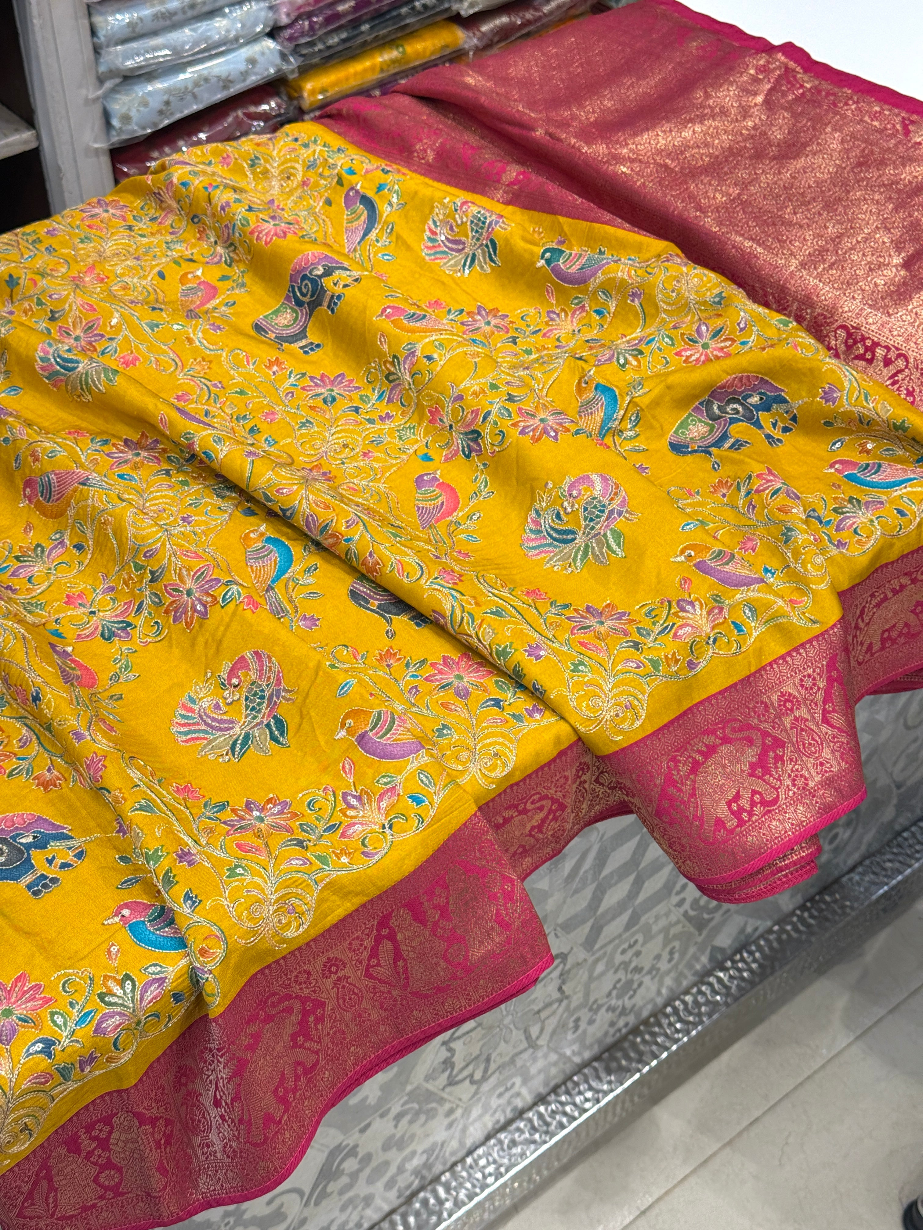 Yellow Rani Banarasi Fauna Munga Silk Saree With Pita Embroidery