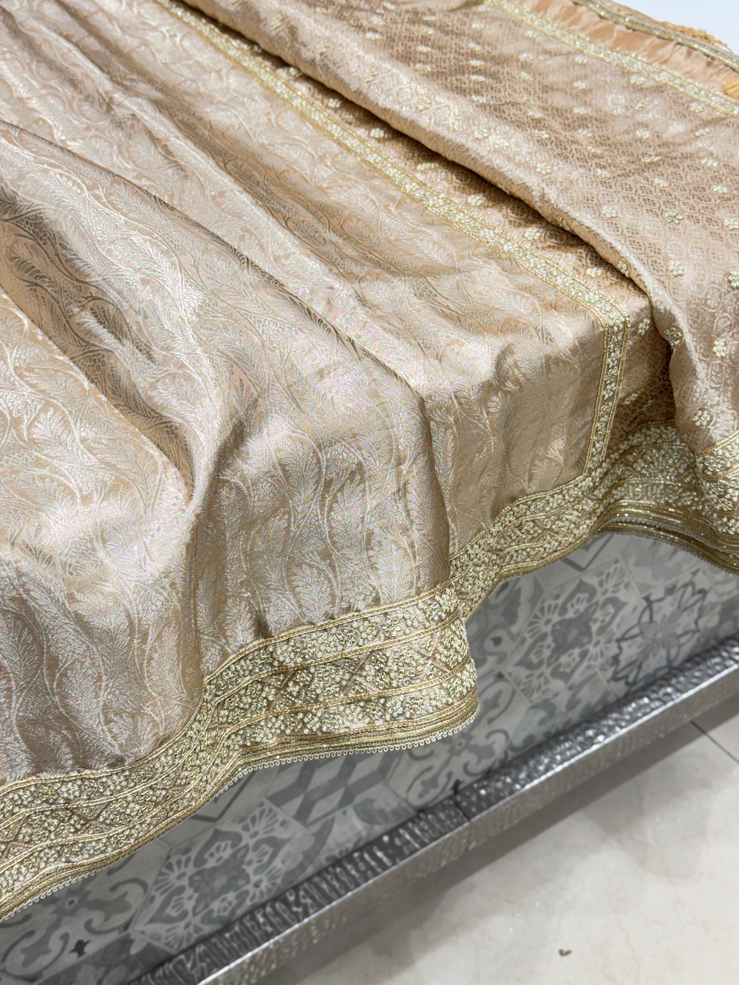 Nude Pink Silver Tissue Kanjivaram Moti Hand Embroidery Saree