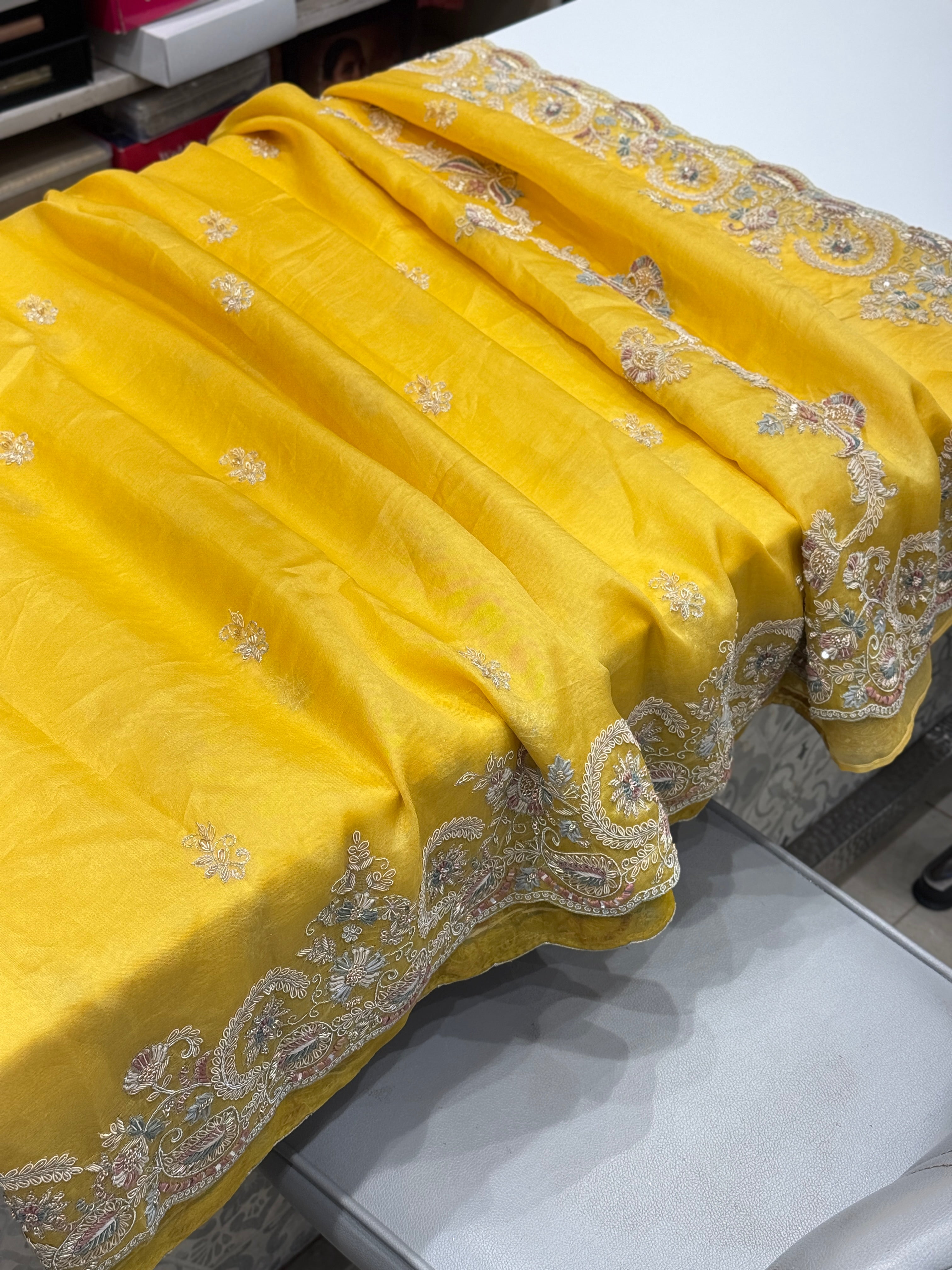 Yellow Organza Zardosi Resham Embroidery Saree