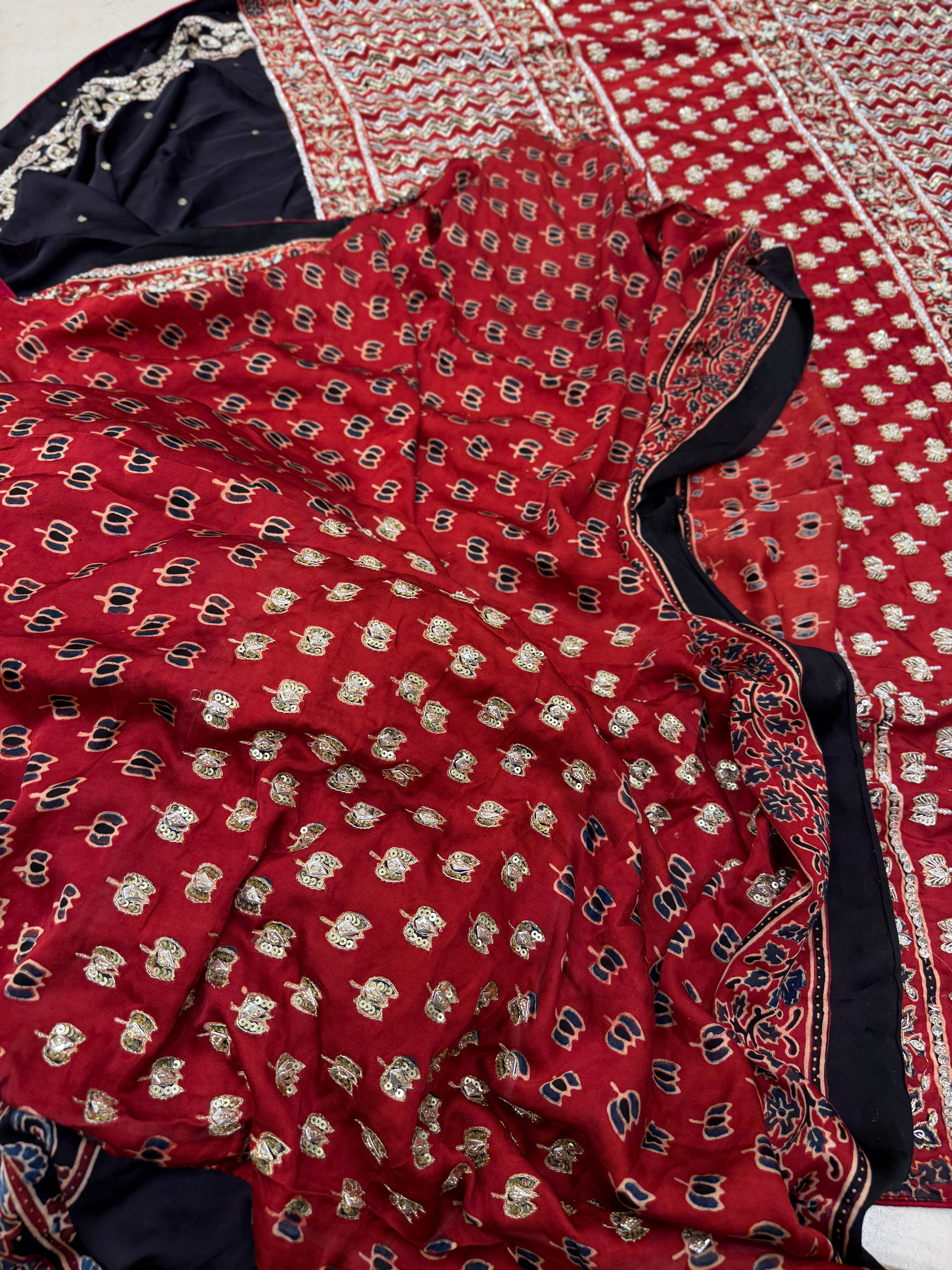 Black Red Badam Jaal Pita Zardosi Sequin Ajrakh Hand Embroidery Saree